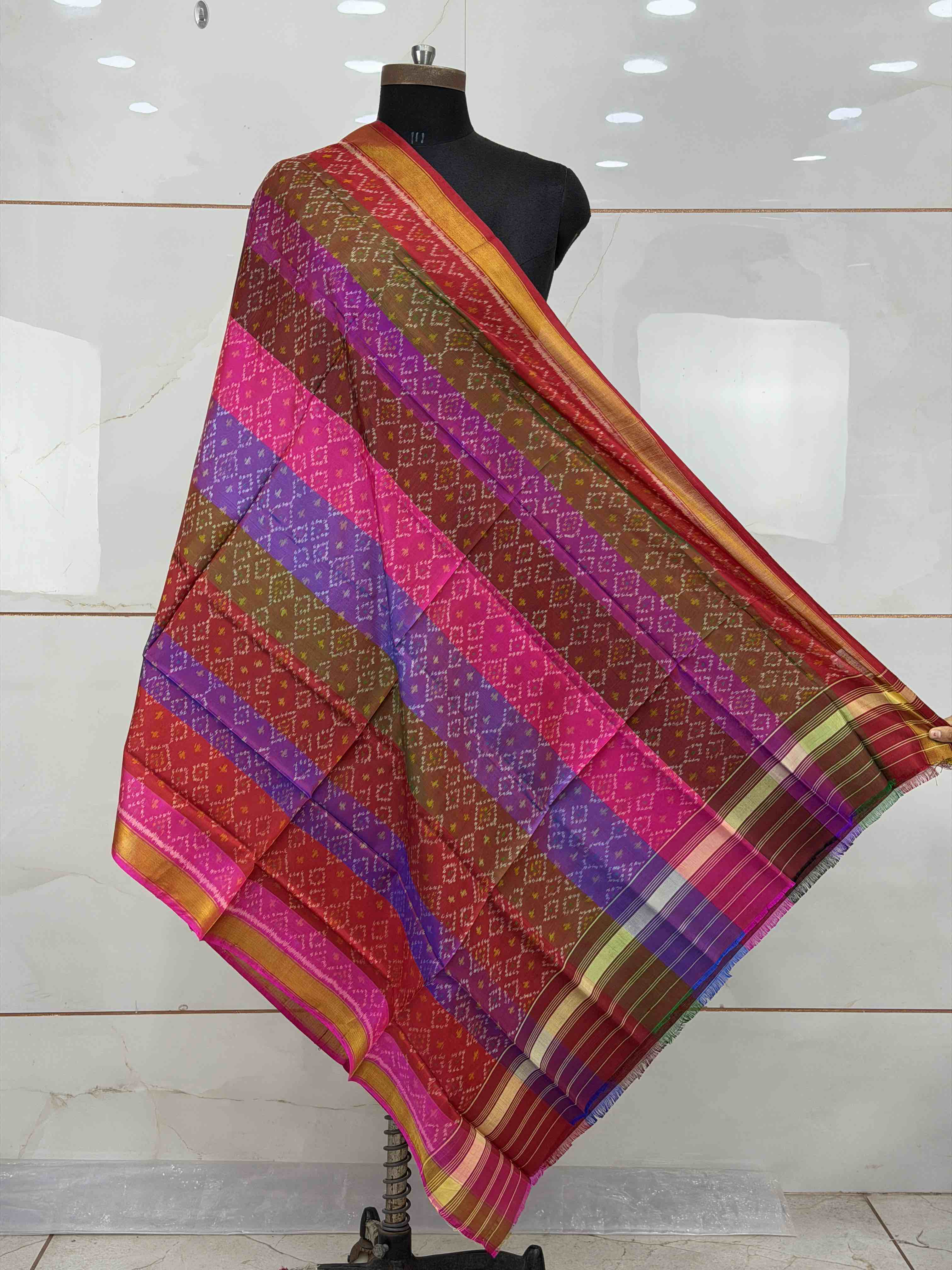 Small dupatta in multi stripe design single ikat woven