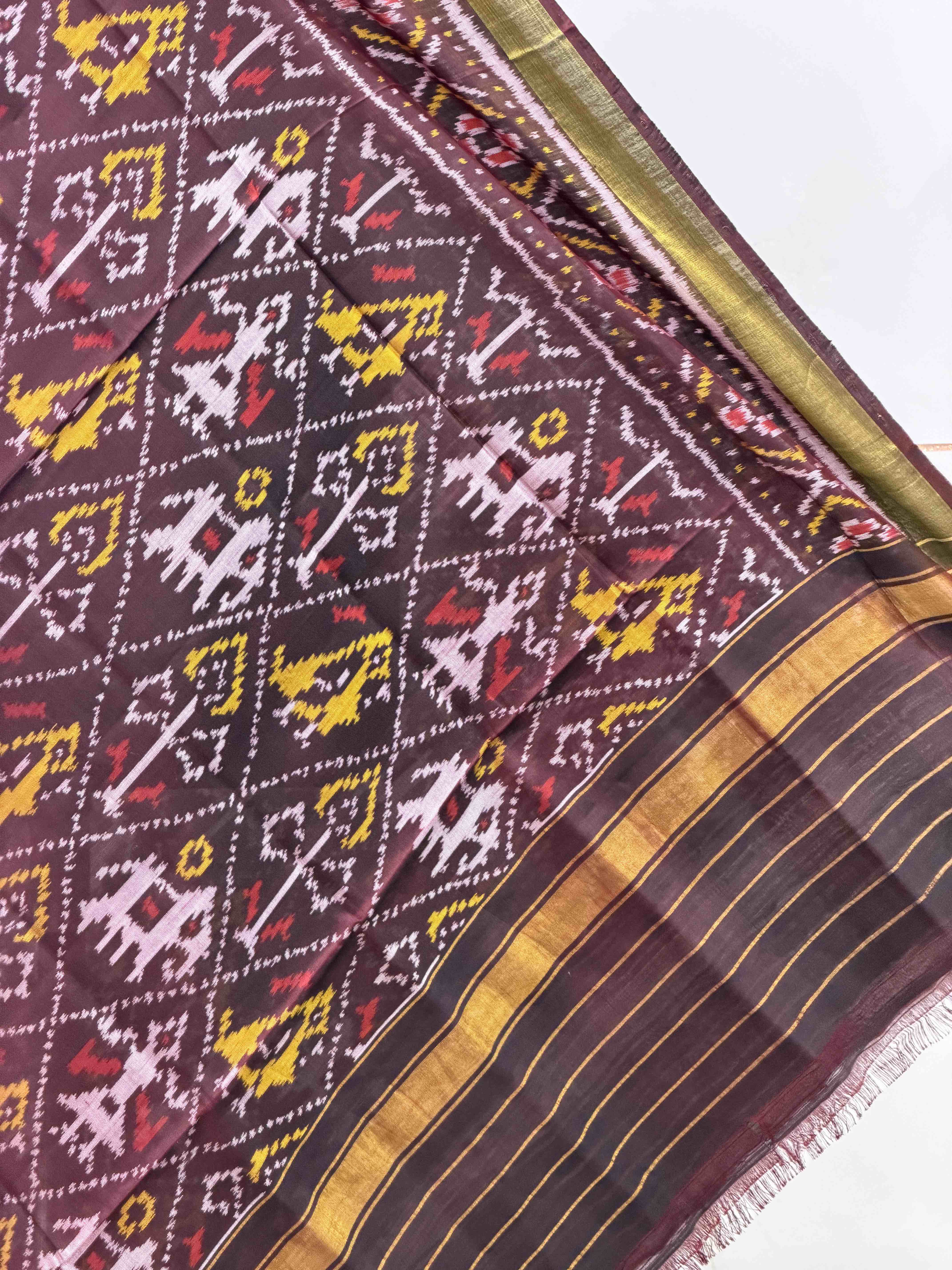 small dupatta in brown shade narikunj design single ikat woven