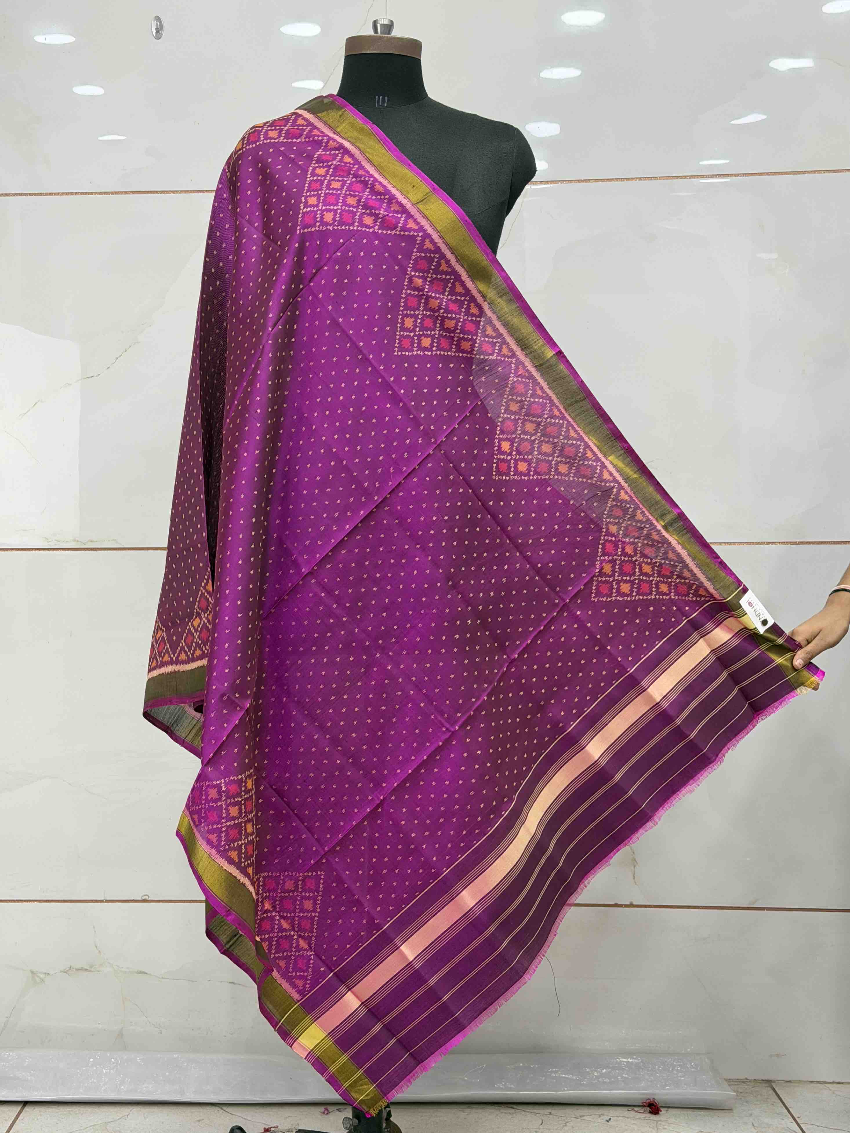 Magenta small dupatta woven in single ikat butti pattern