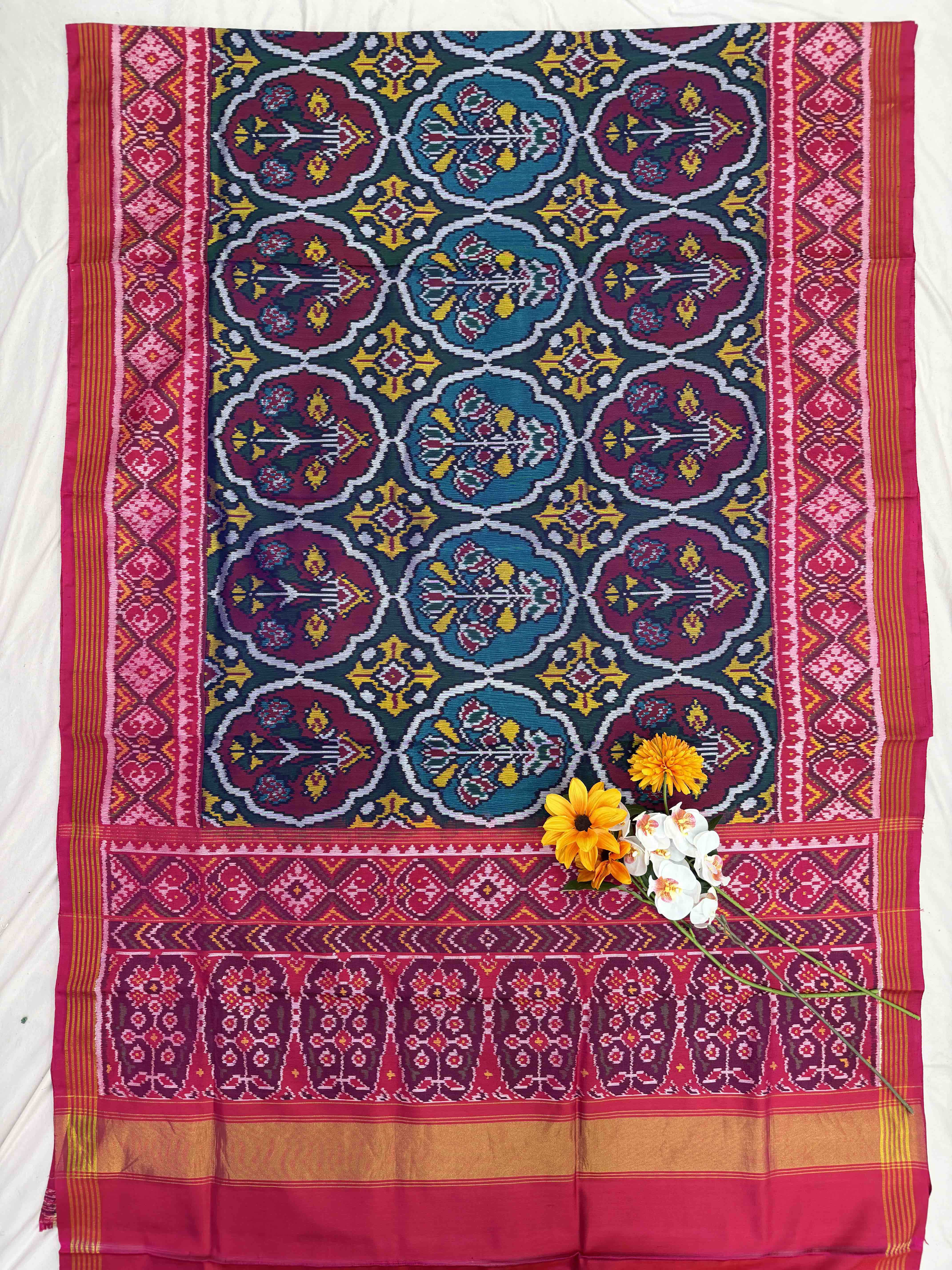 Pink & teal with magenta floral Pattern single Ikat