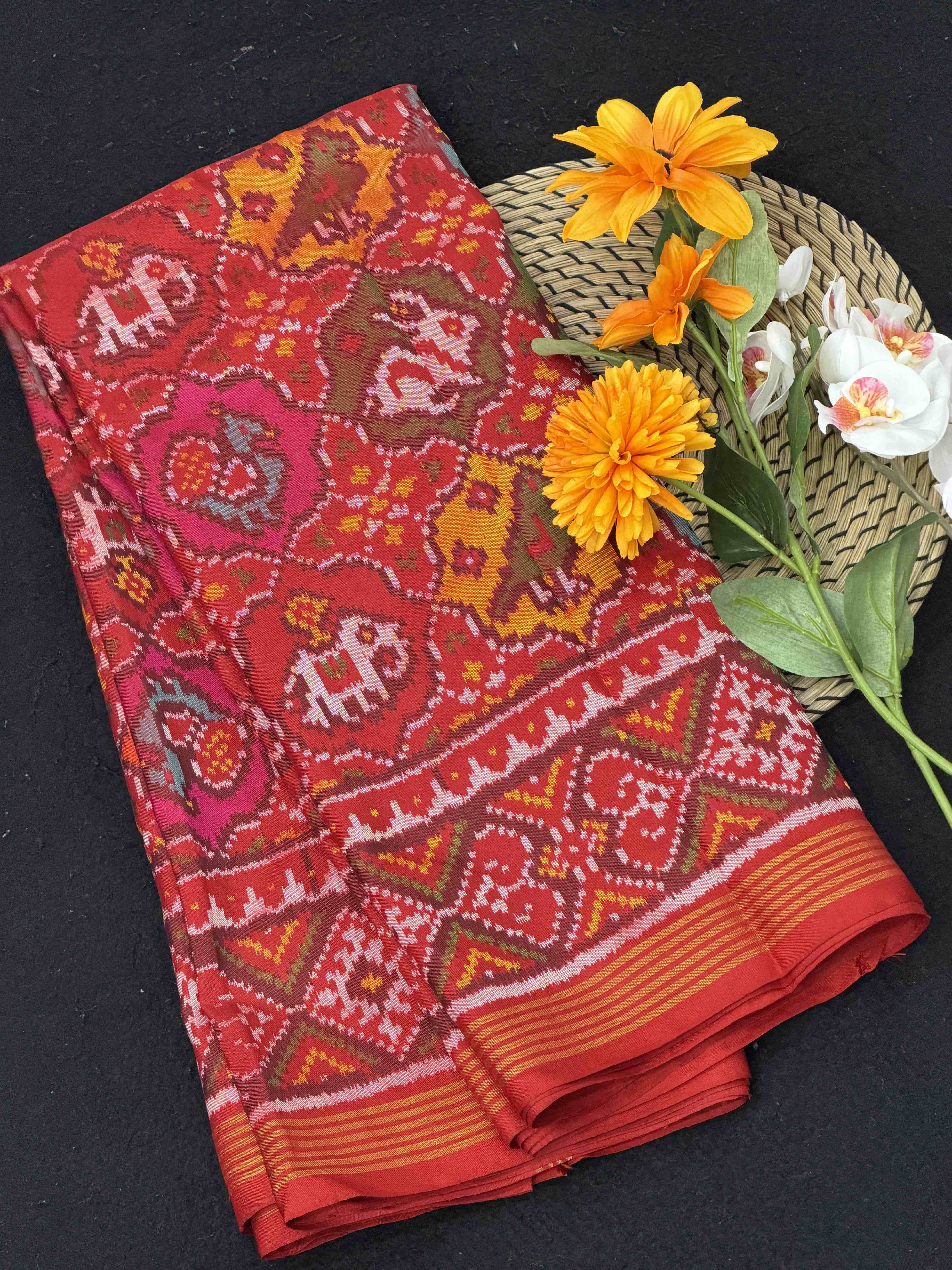 Red with small multi figures single Ikat Patola Saree