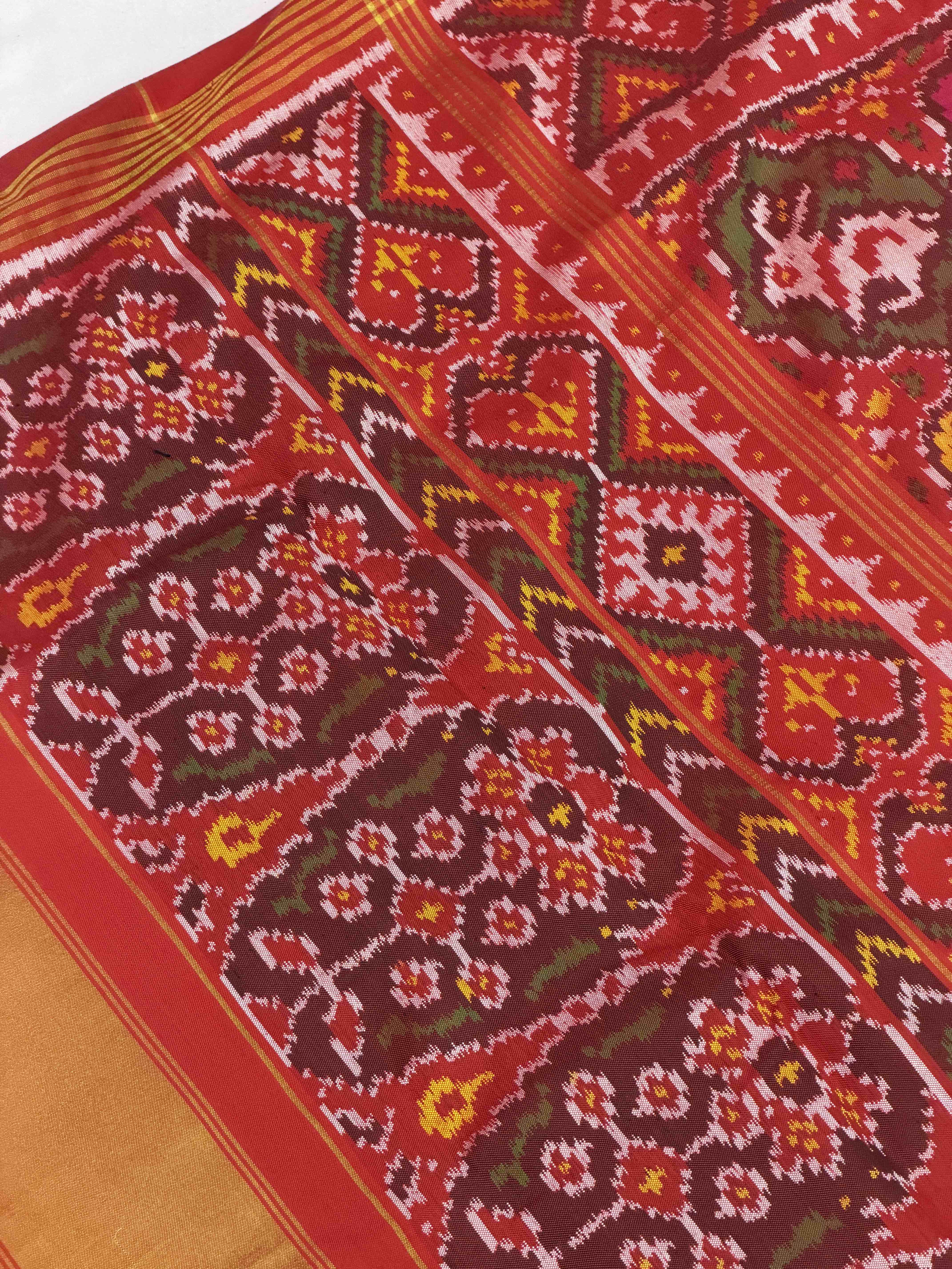 Red with small multi figures single Ikat Patola Saree