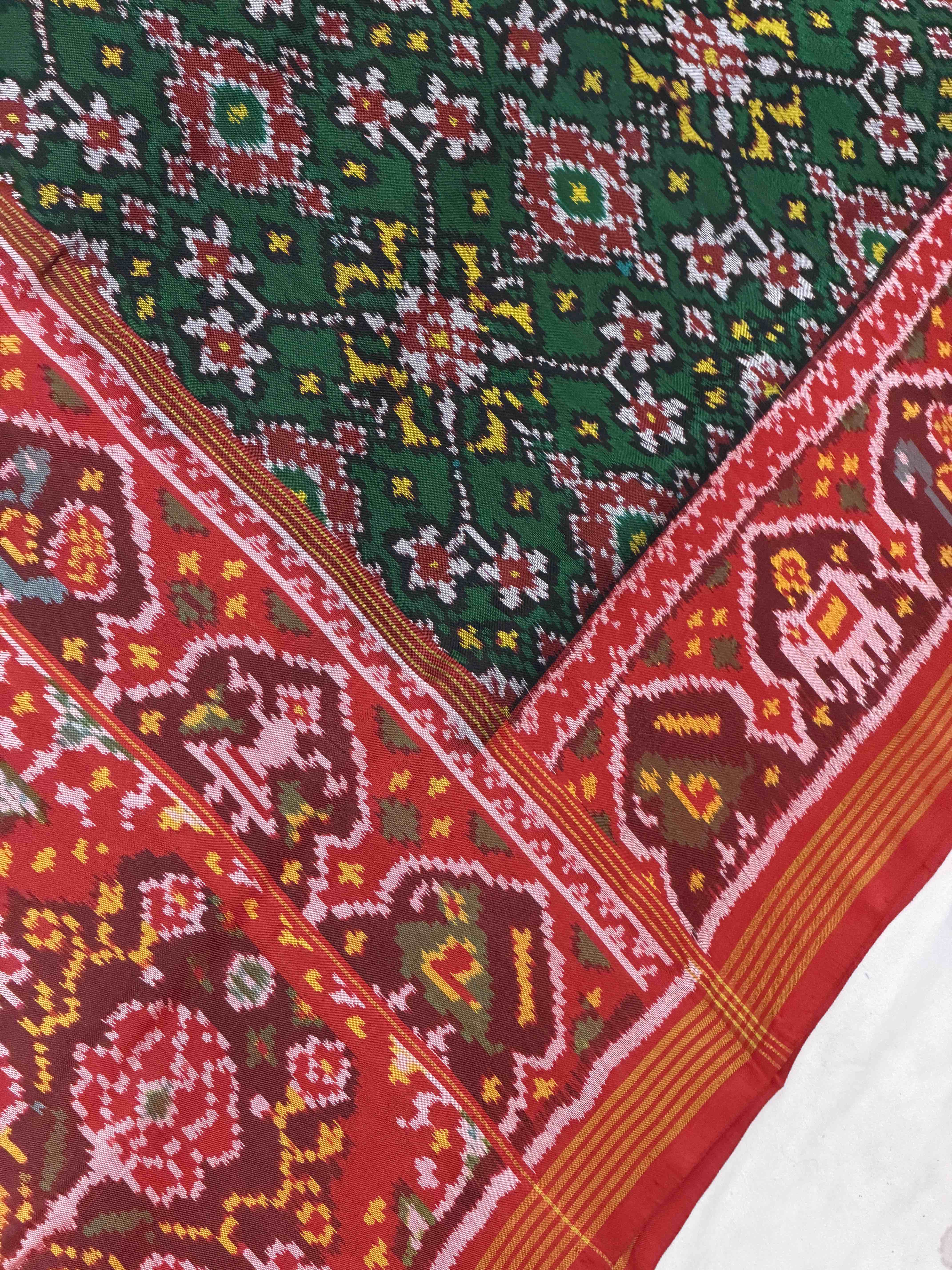Red & Green Navaratan Single Ikat Patola Saree
