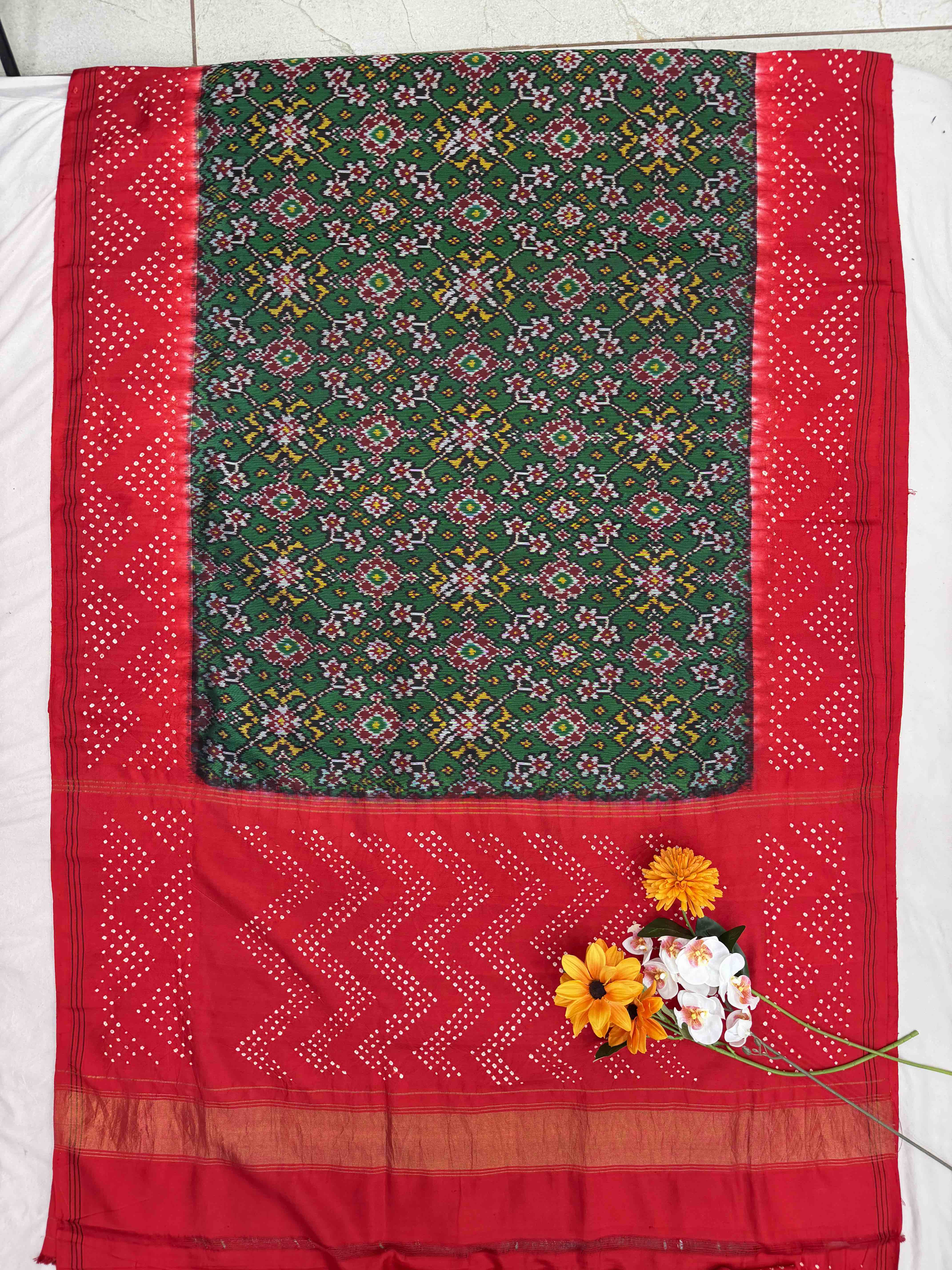 red & green semi double ikat bandhani patola saree
