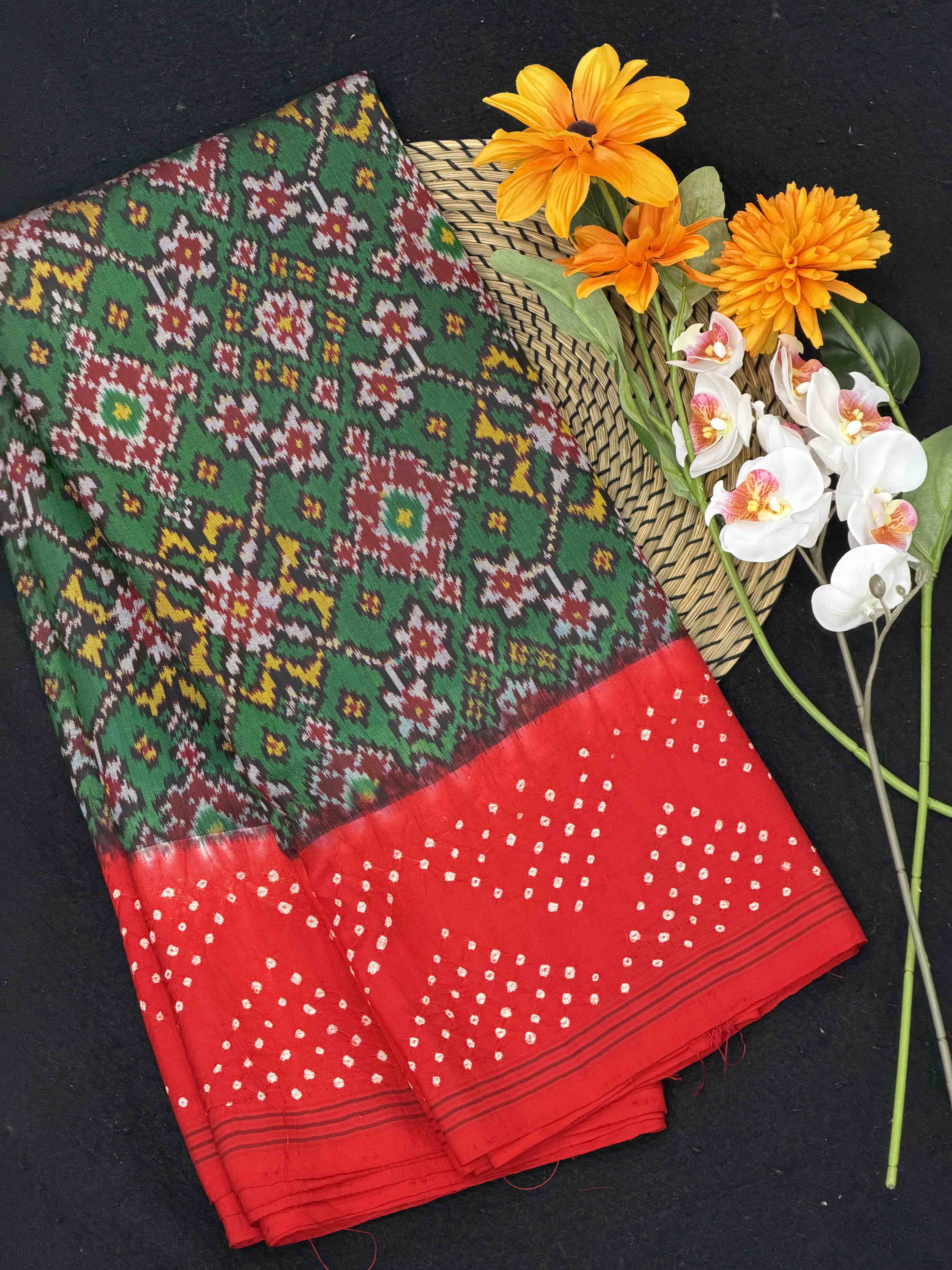 red & green semi double ikat bandhani patola saree