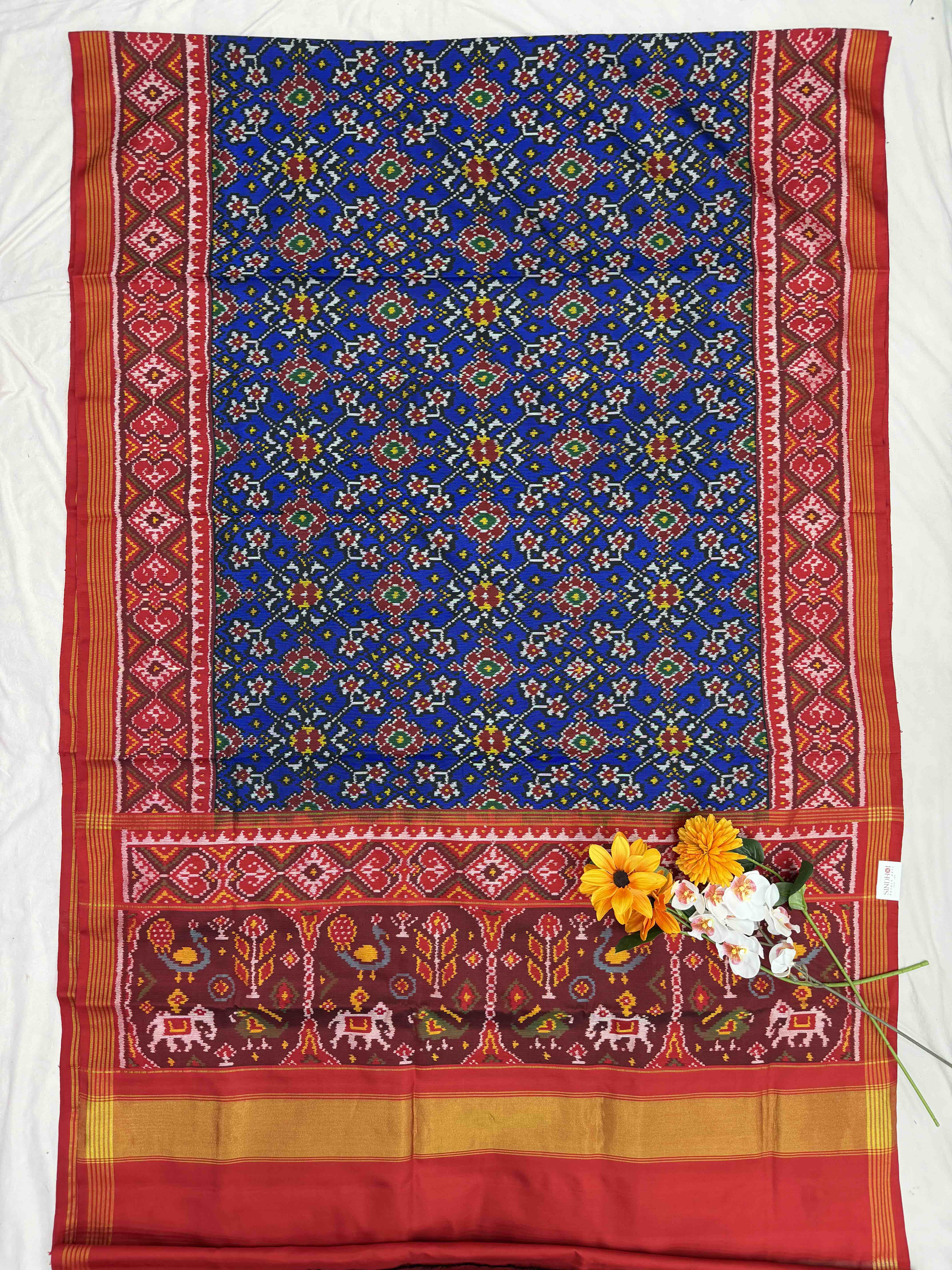 Red & Blue Navaratan Single Ikat Patola Saree