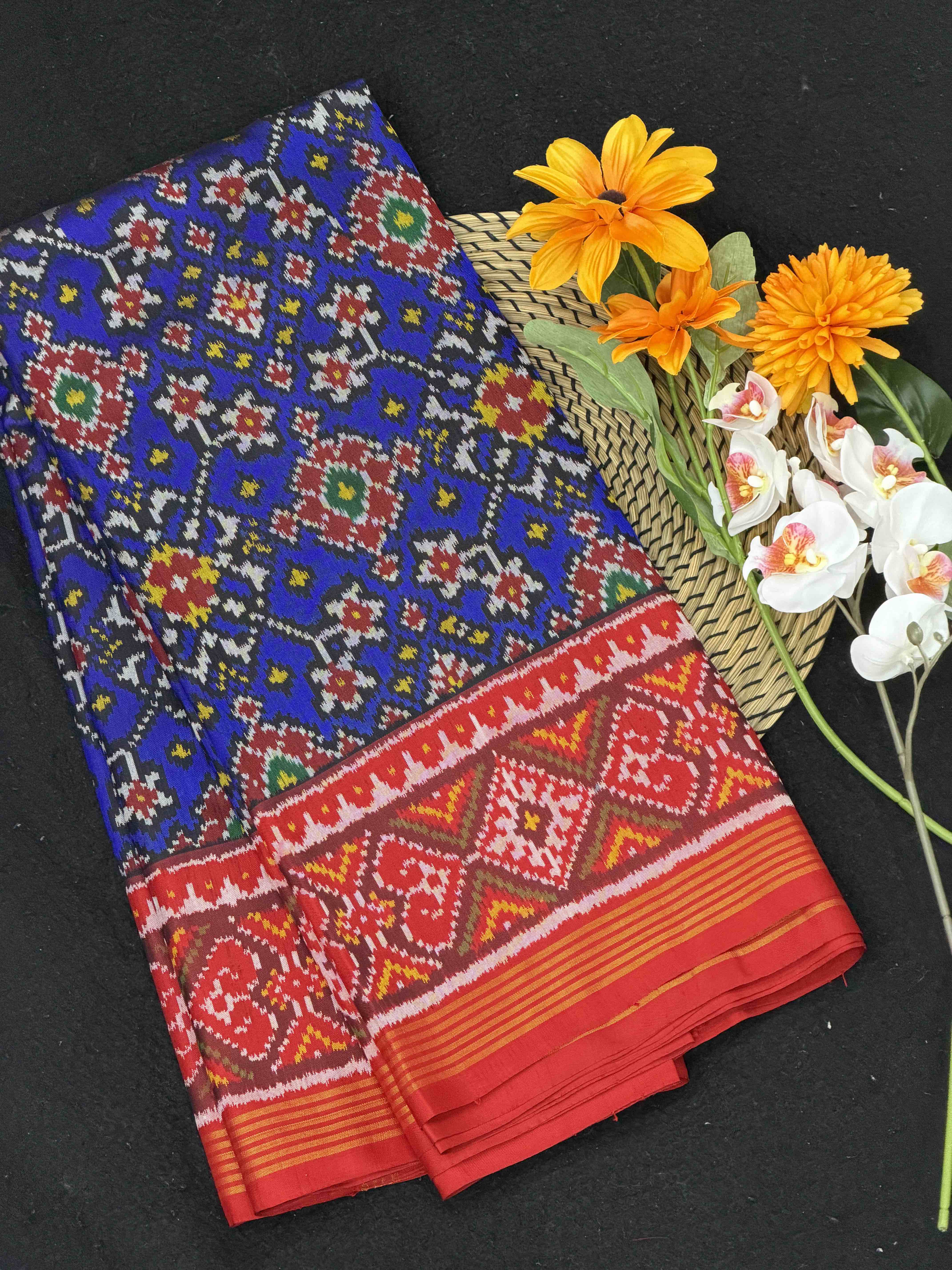 Red & Blue Navaratan Single Ikat Patola Saree
