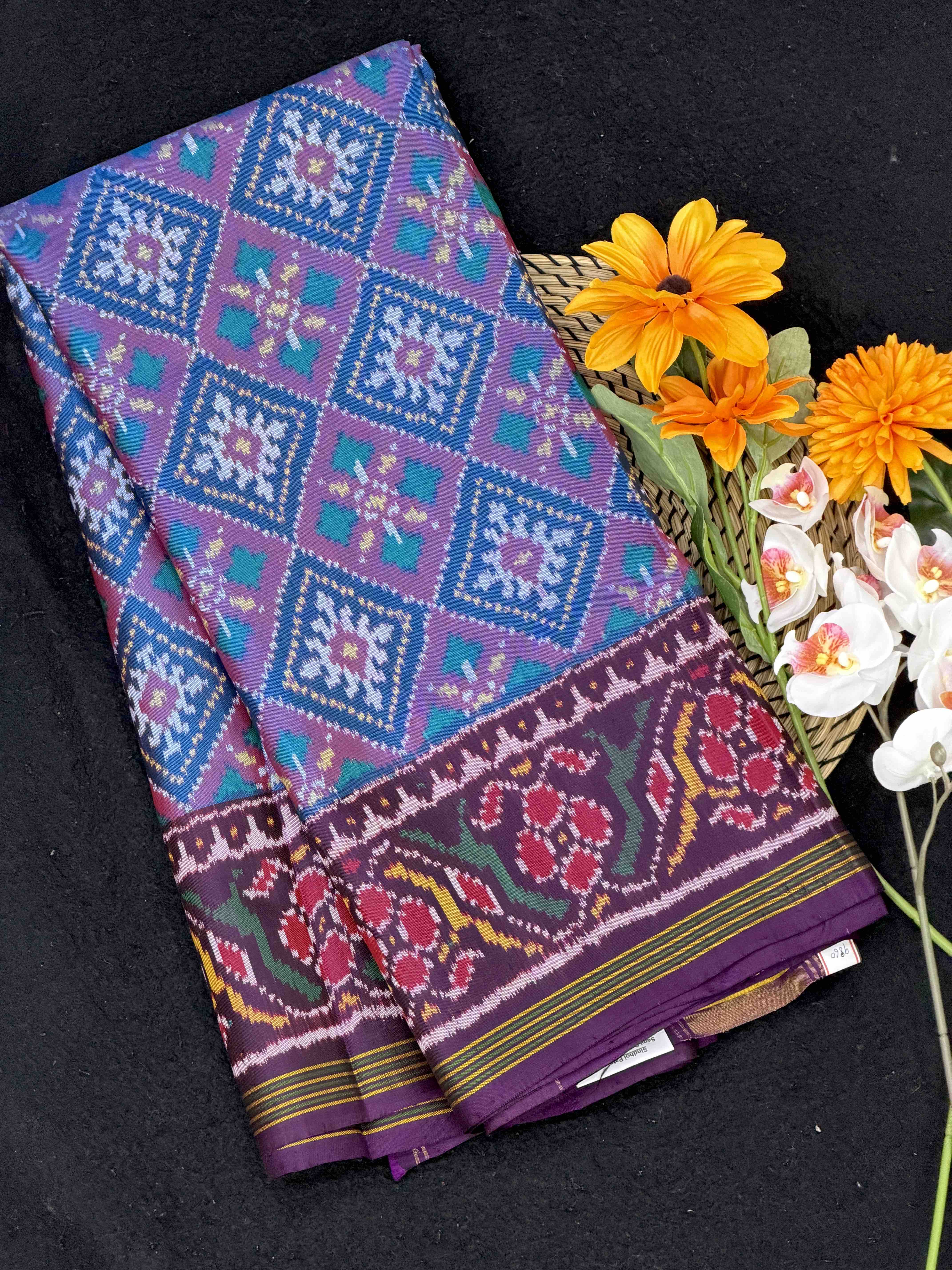 Dark Purple & Sky Blue Panchanda Semi Double Ikat Patola Saree