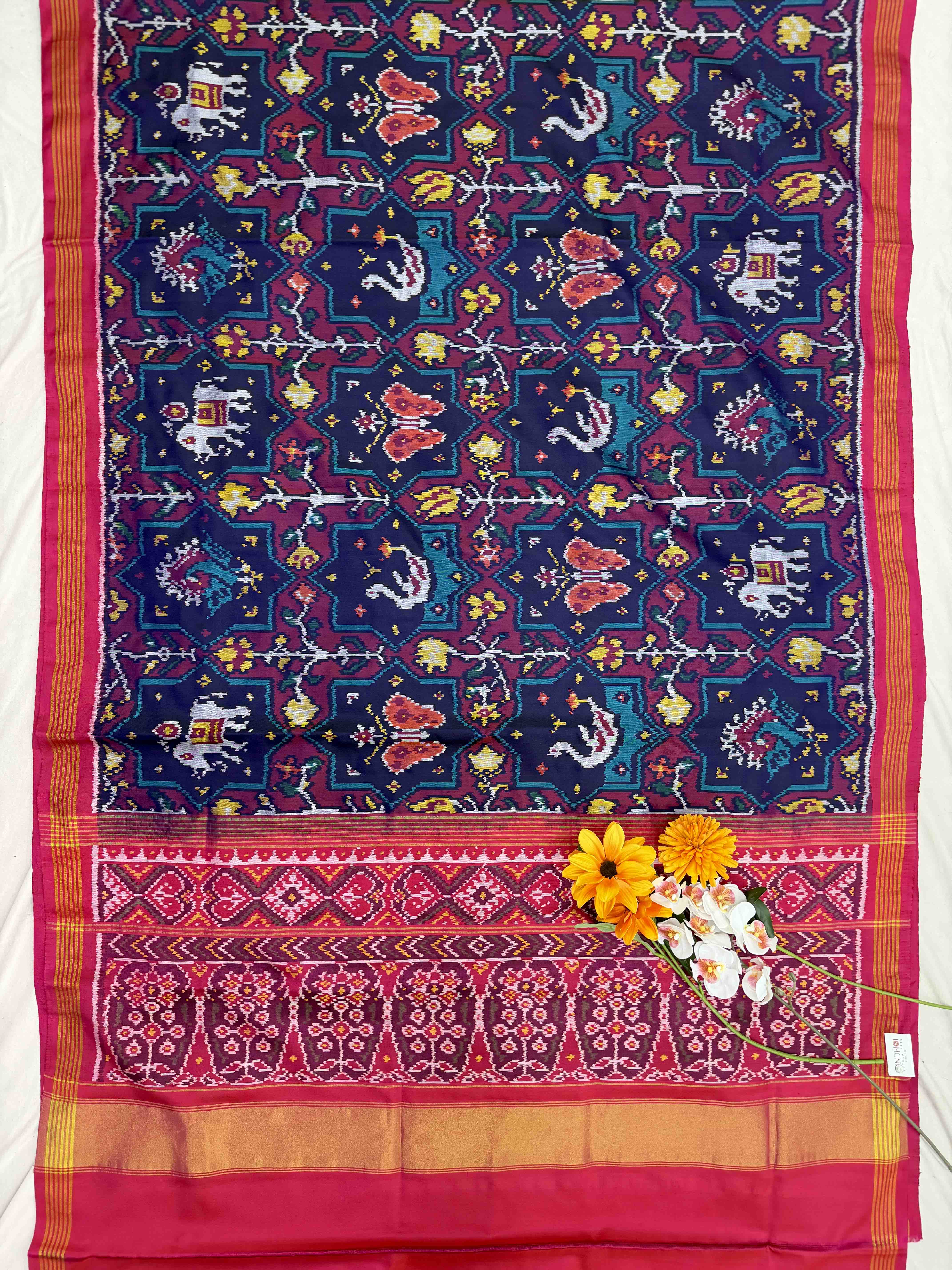 Pink & Blue star Design Single Ikat Patola Saree