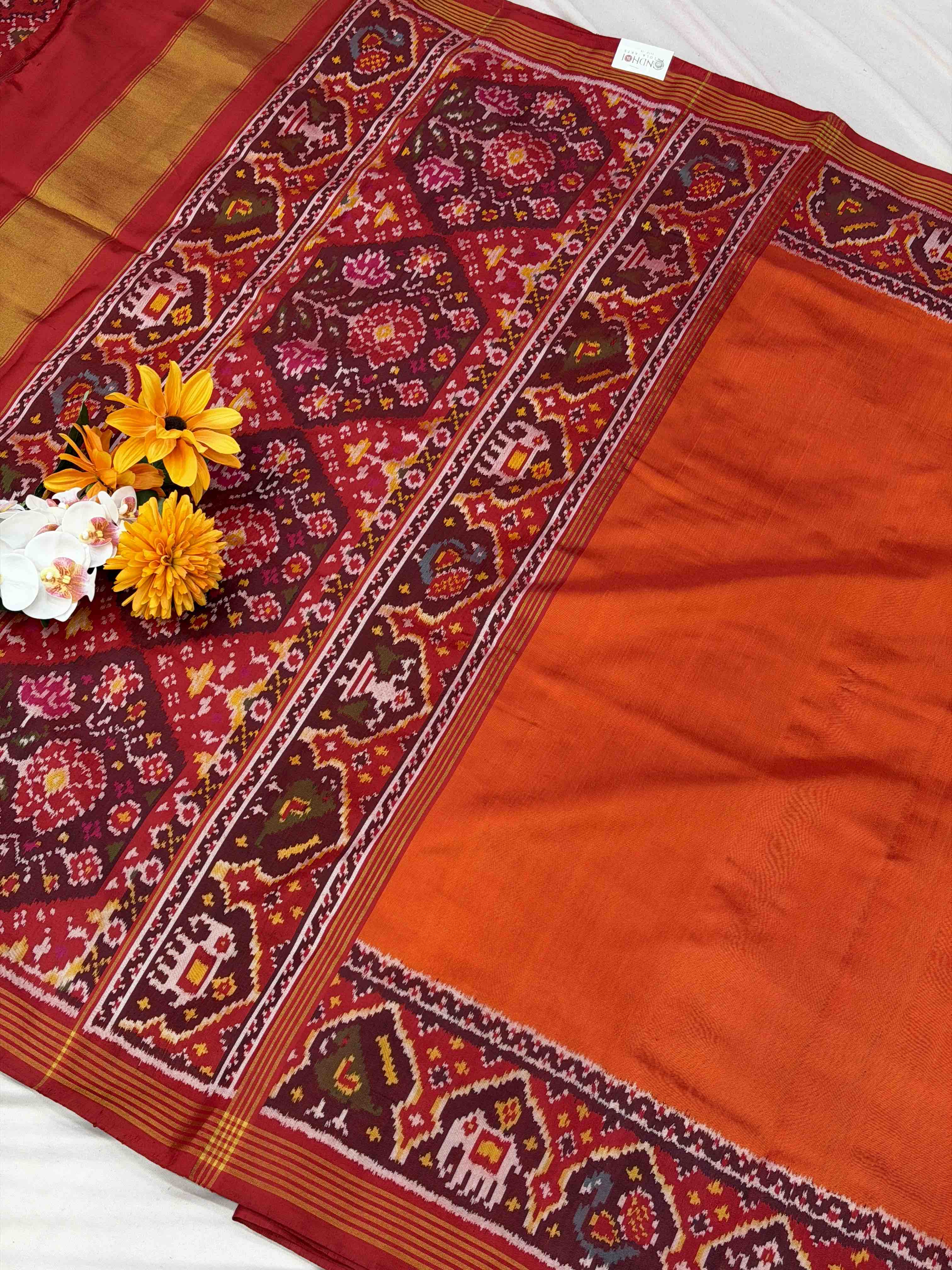 Red & Orange plain Gala border Patola saree