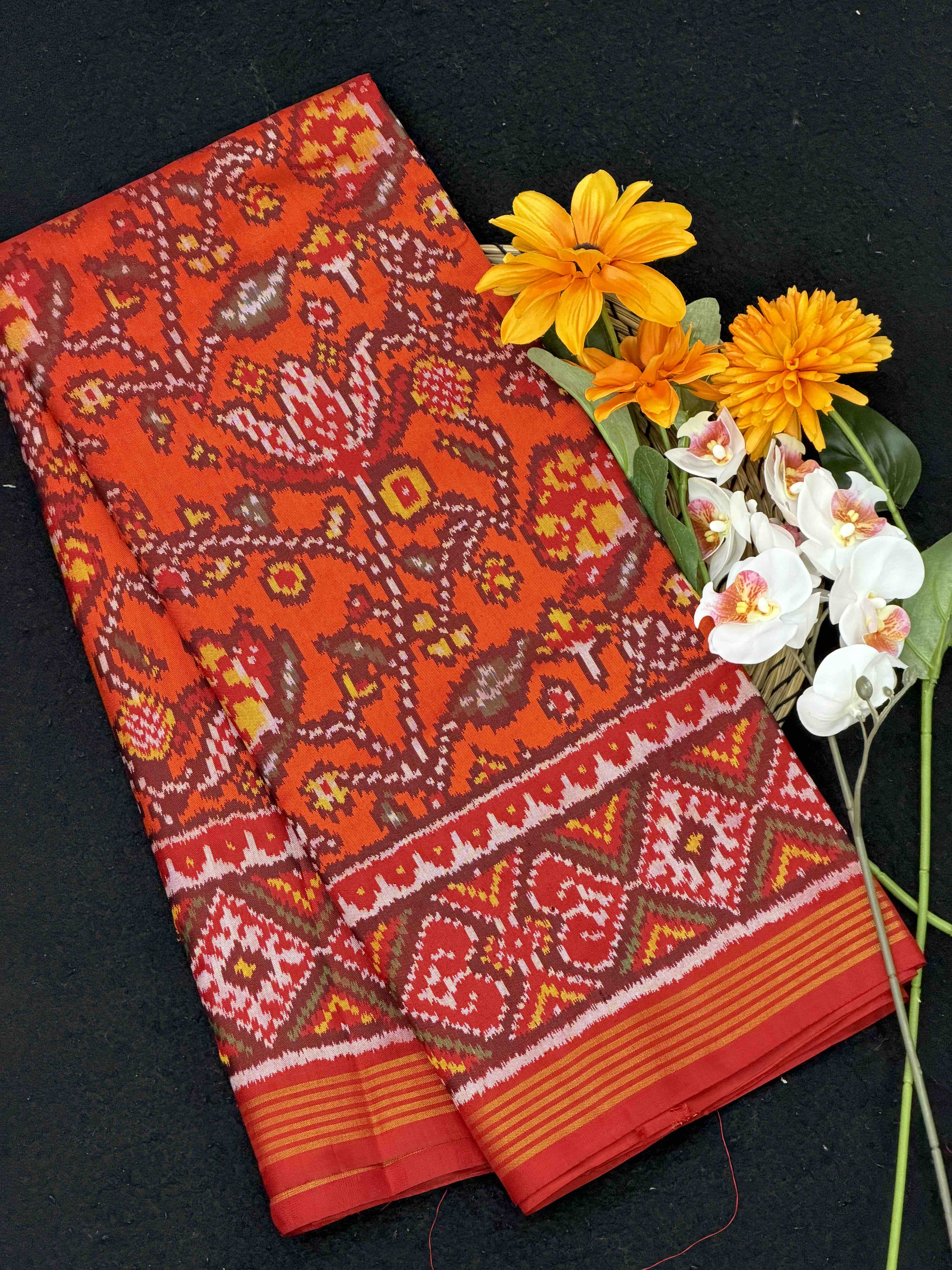 Red & Orange floral Single Ikat Patola Saree