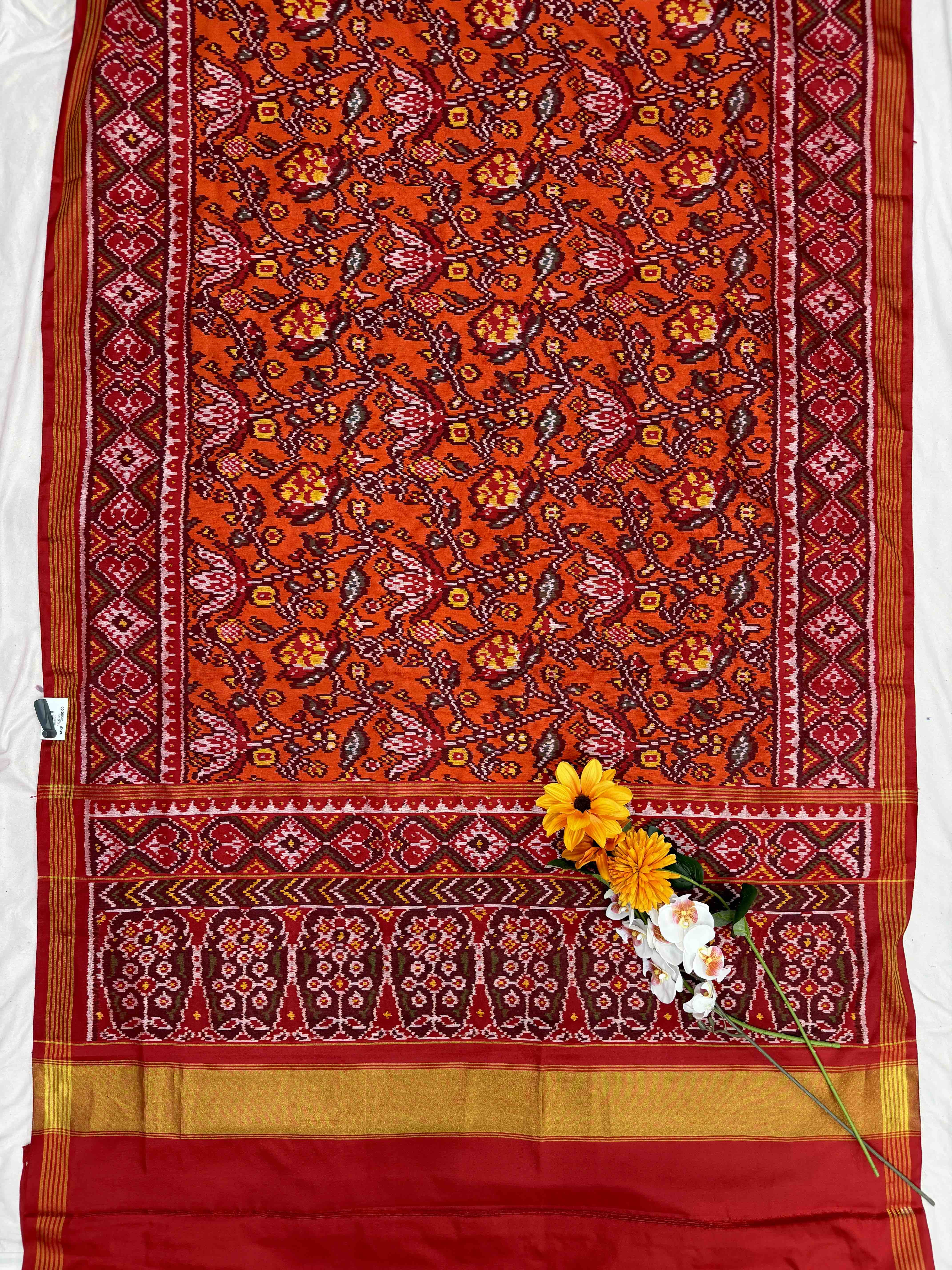 Red & Orange floral Single Ikat Patola Saree