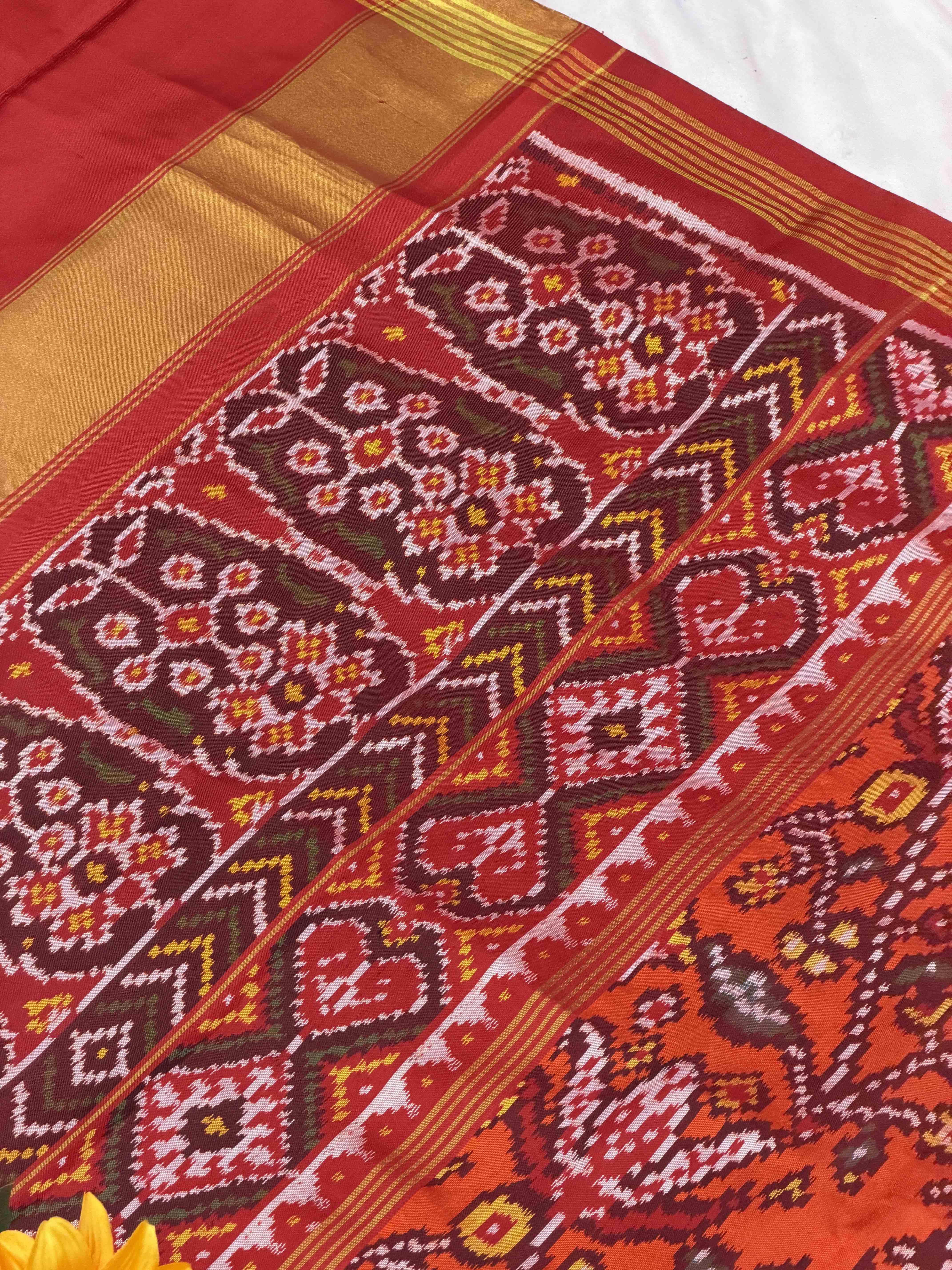 Red & Orange floral Single Ikat Patola Saree