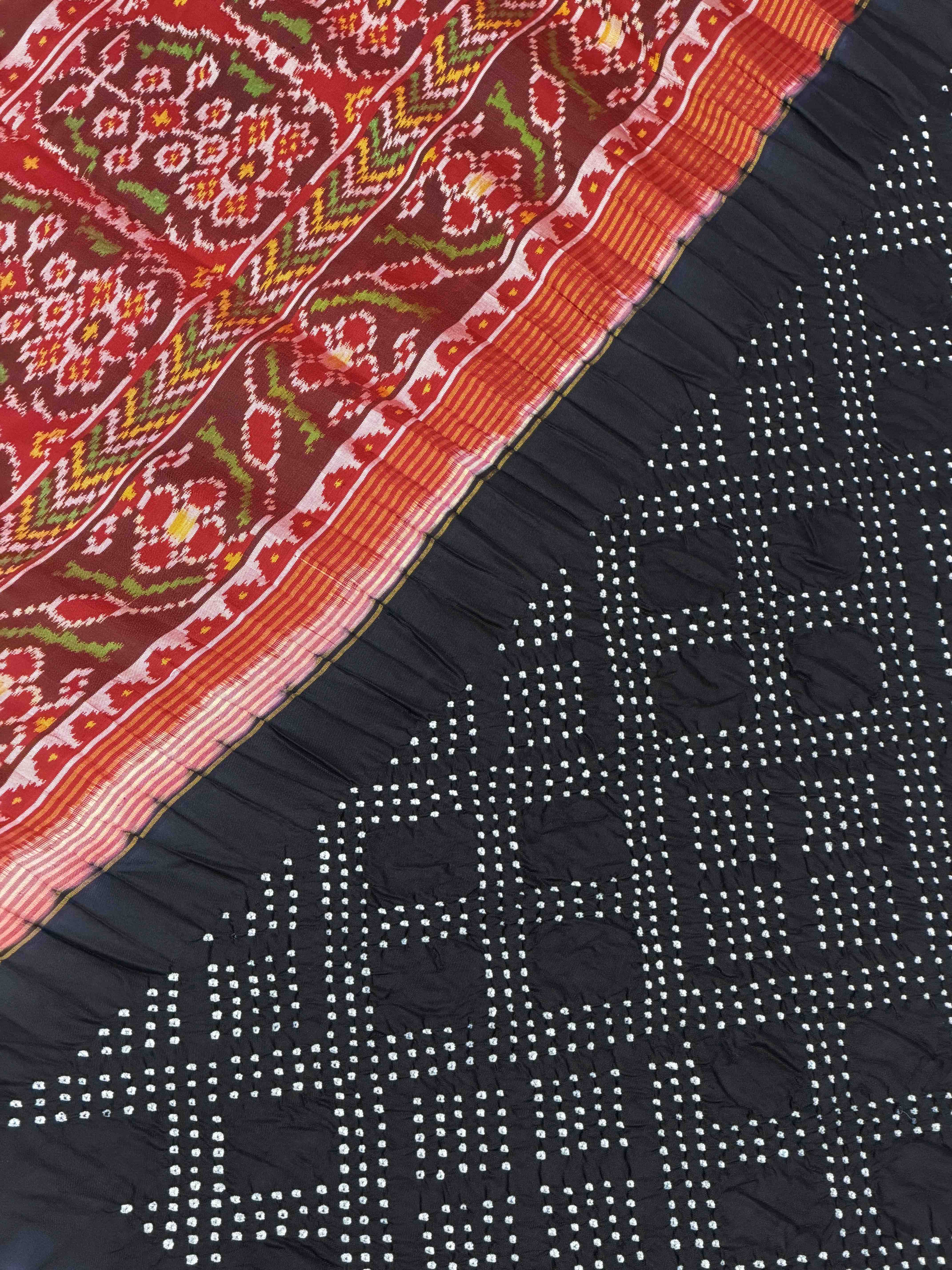 Red & Black Bandhani Patola Saree in semi Double Ikat