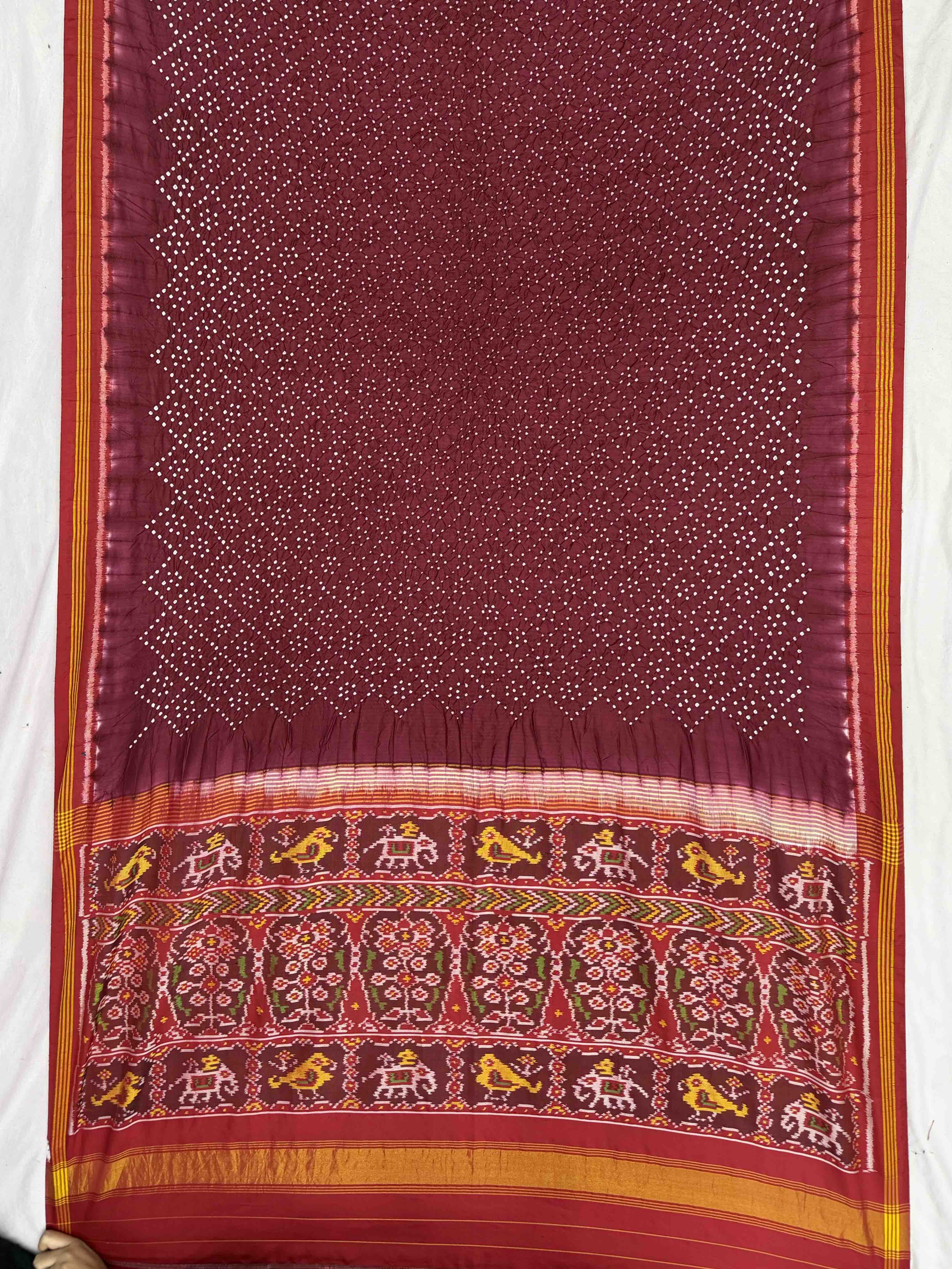 Maroon & Maroon Semi double ikat Bandhani Patola Saree