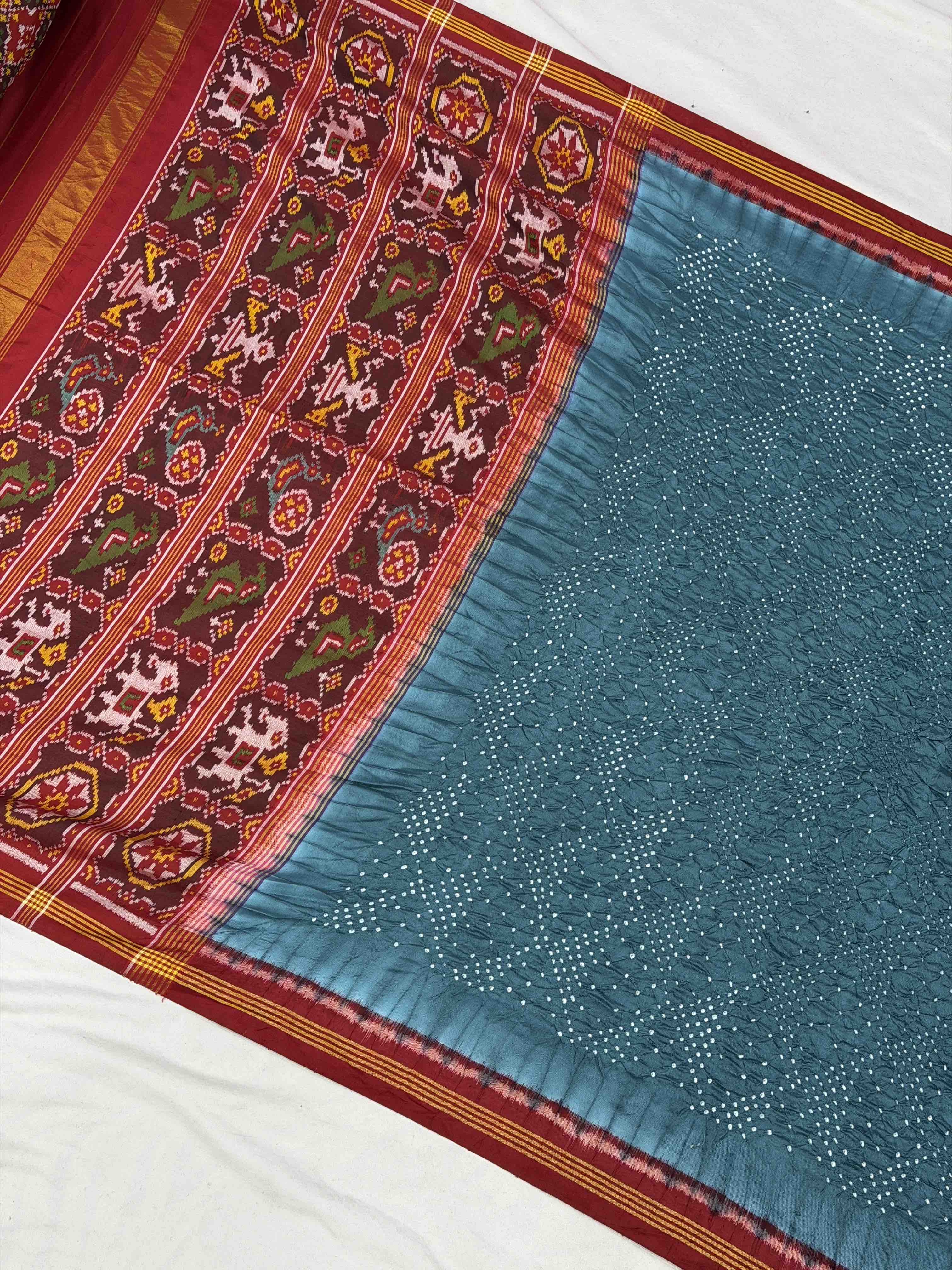 Red & Bluish grey Semi patan Patola Bandhani fusion
