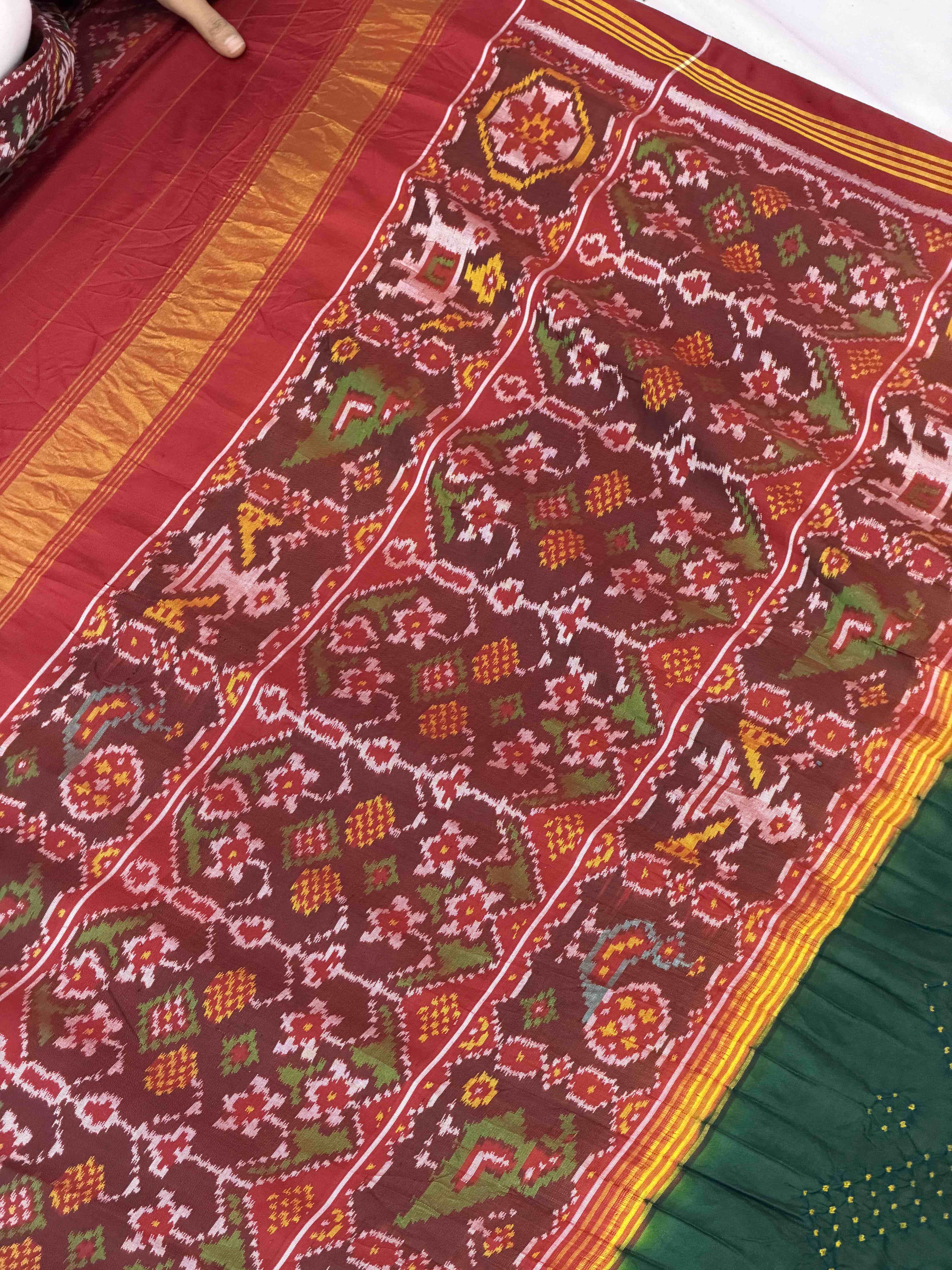 Red & Green Semi Patan Bandhani Patola Saree