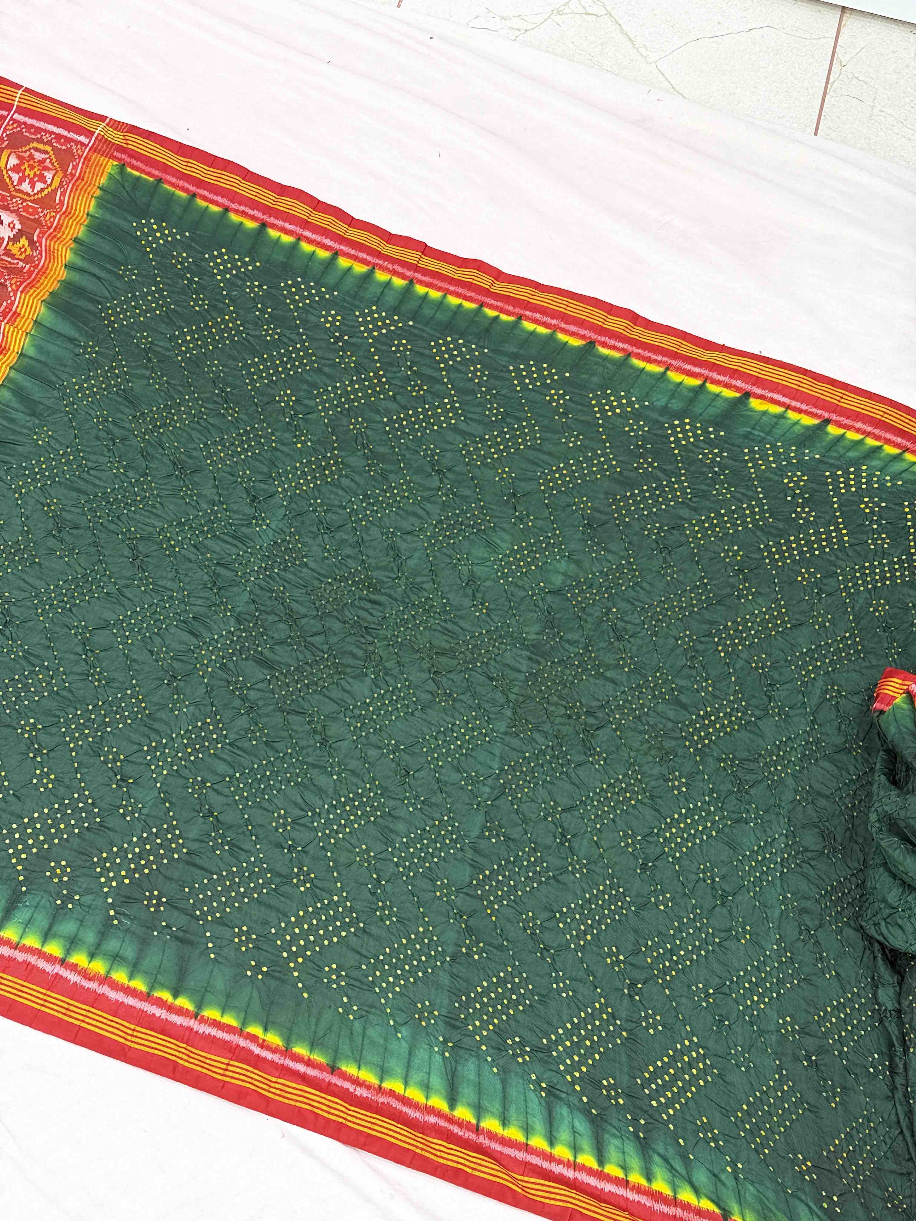 Red & Green Semi Patan Bandhani Patola Saree