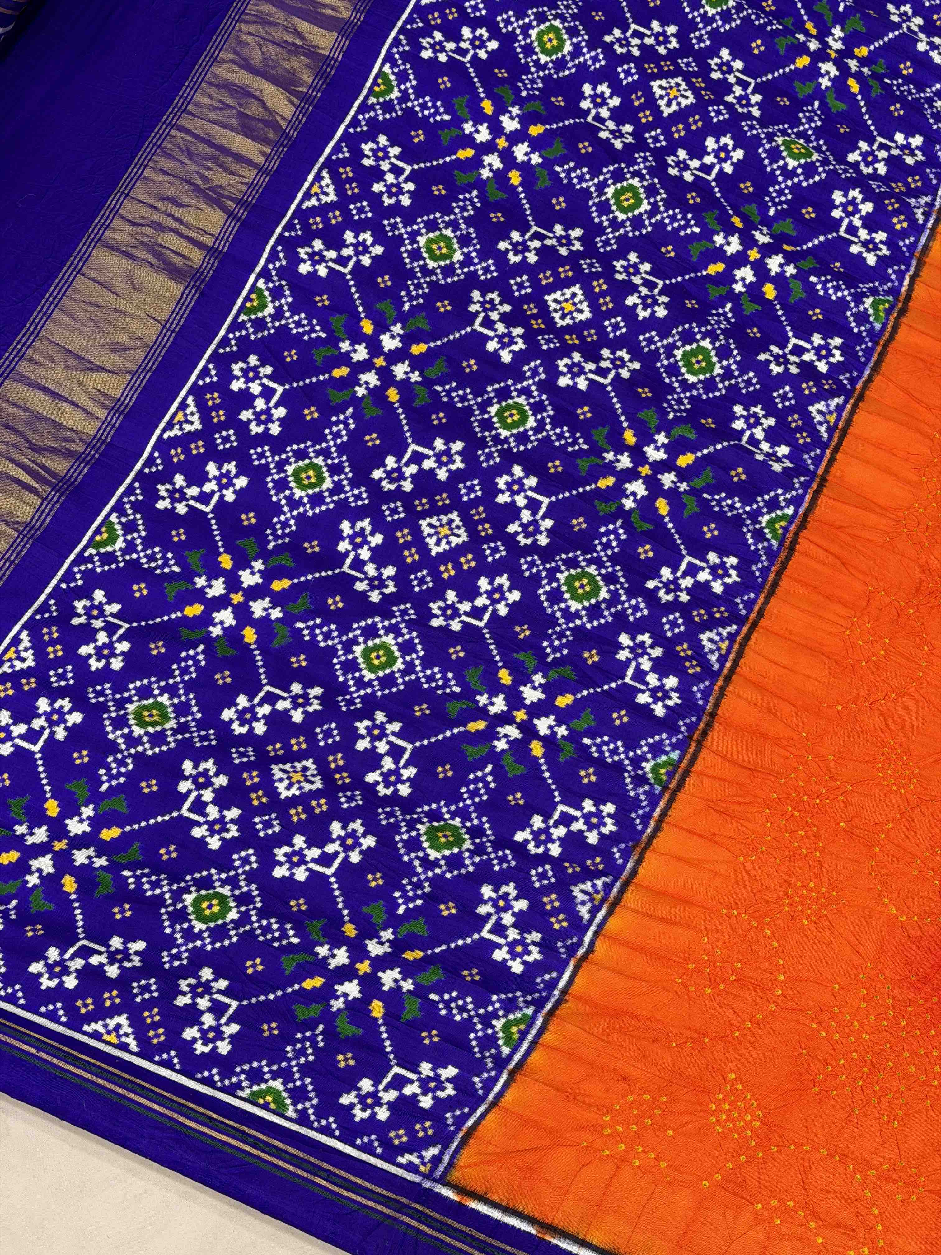 Blue with combination of Red & orange double ikat Patola with Bandhani