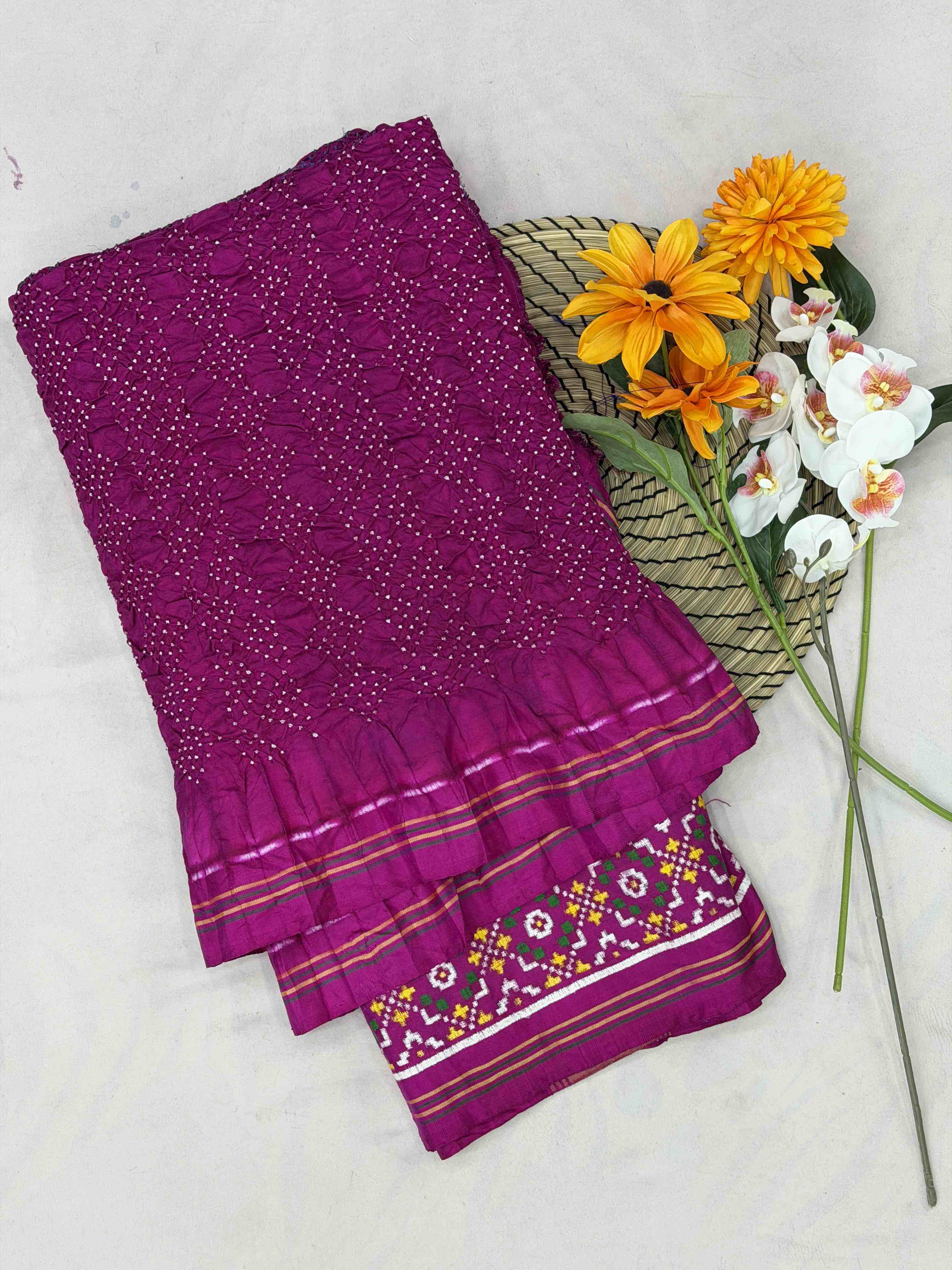 Pink button full pallu blouse patan Patola Bandhani fusion saree