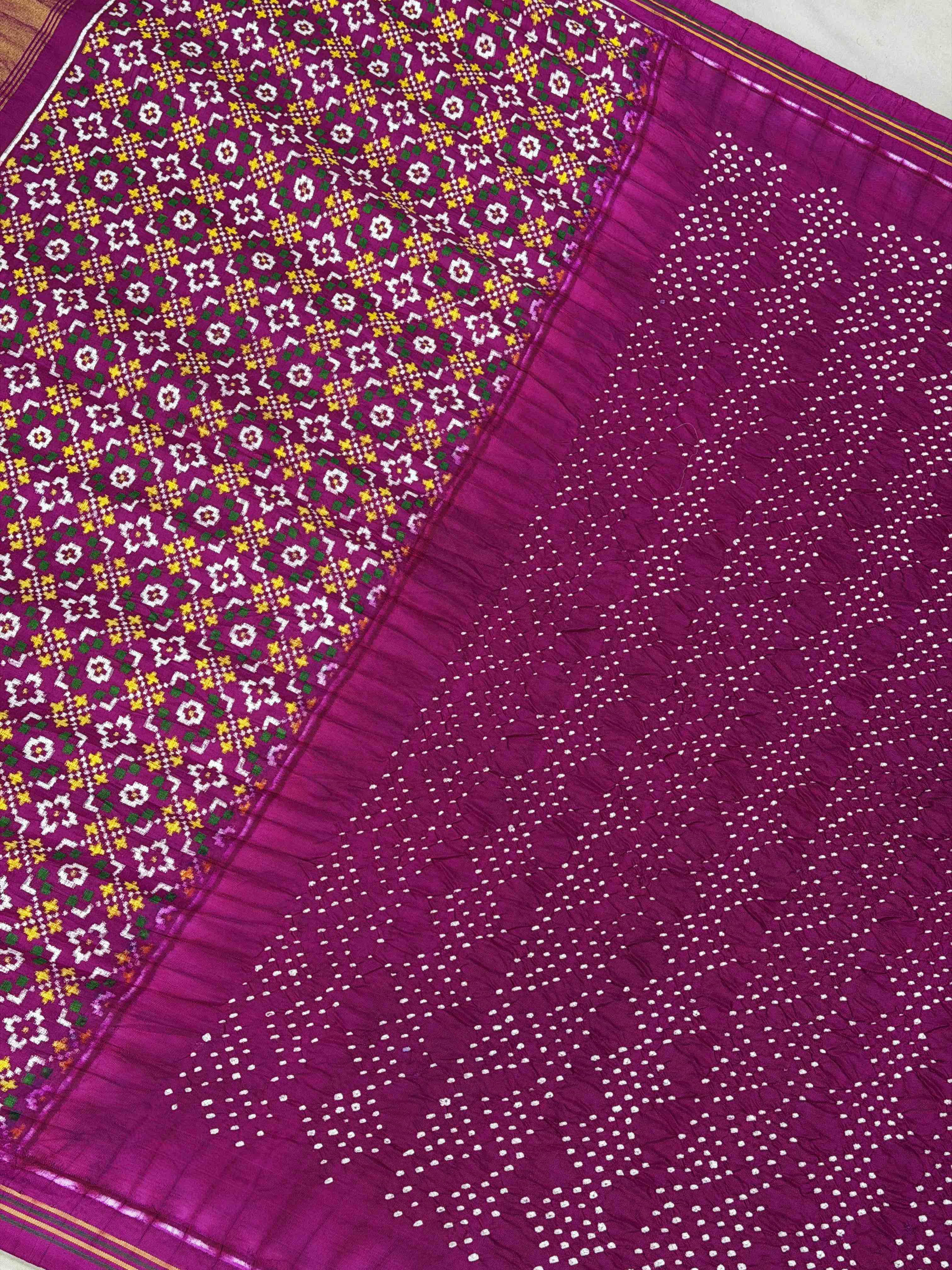Pink button full pallu blouse patan Patola Bandhani fusion saree