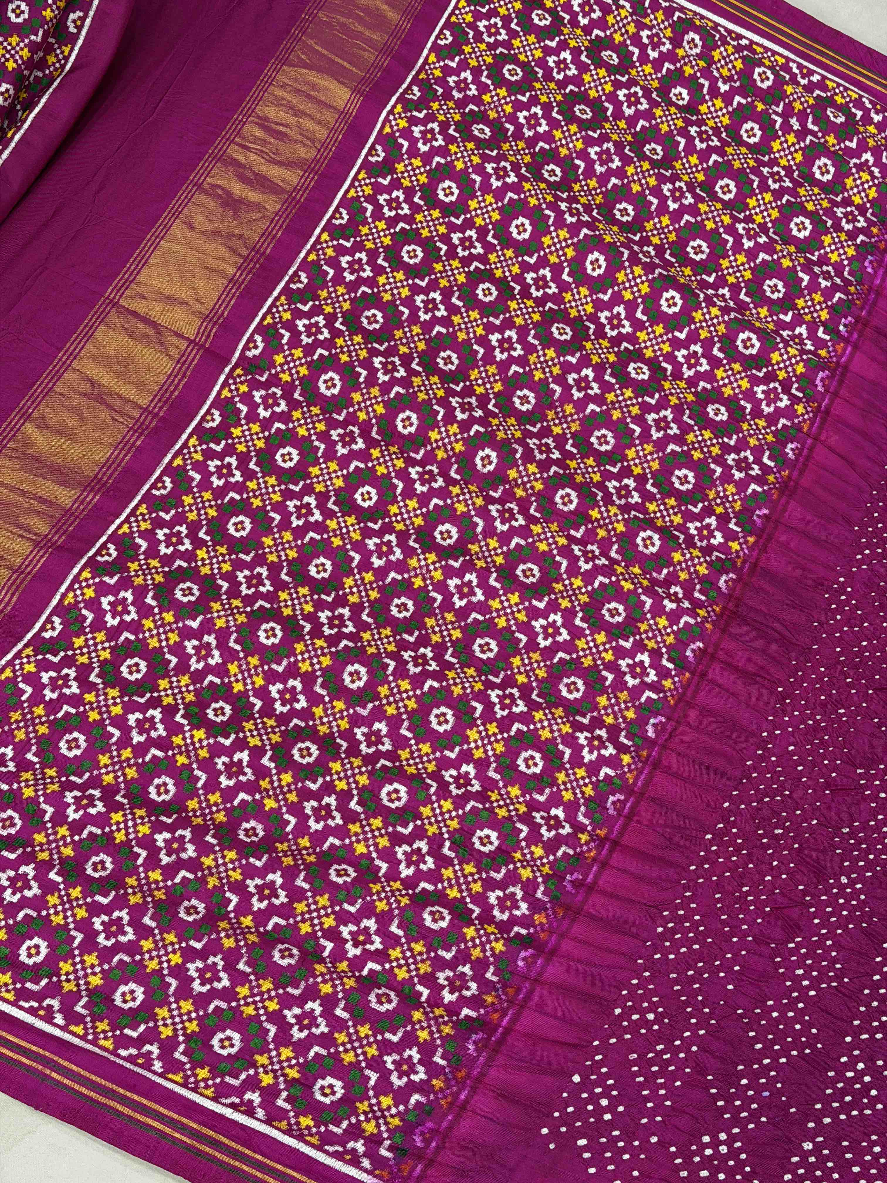 Pink button full pallu blouse patan Patola Bandhani fusion saree