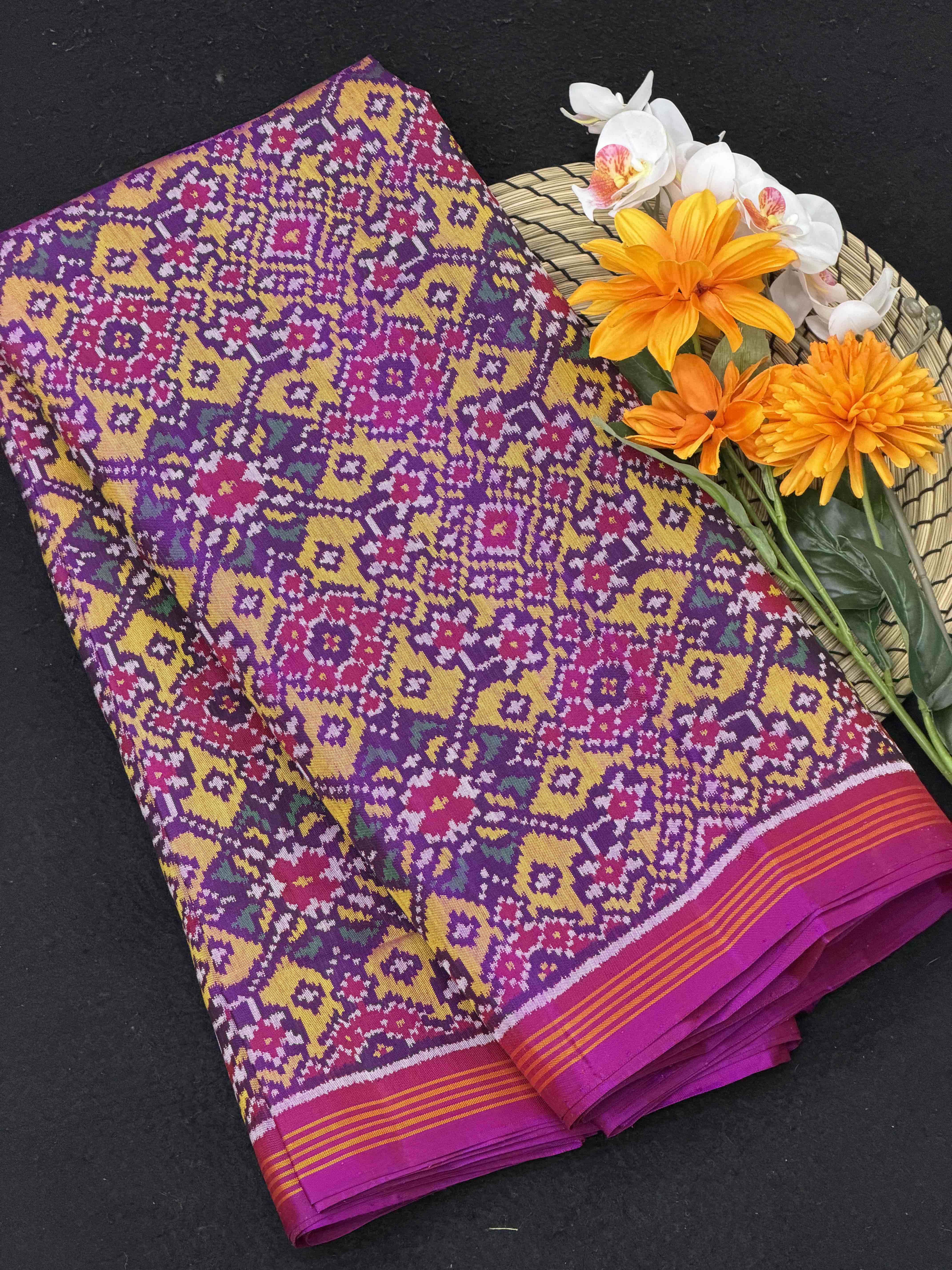 Magenta pink with mustard shaded Navaratan Single ikat Patla Sarees