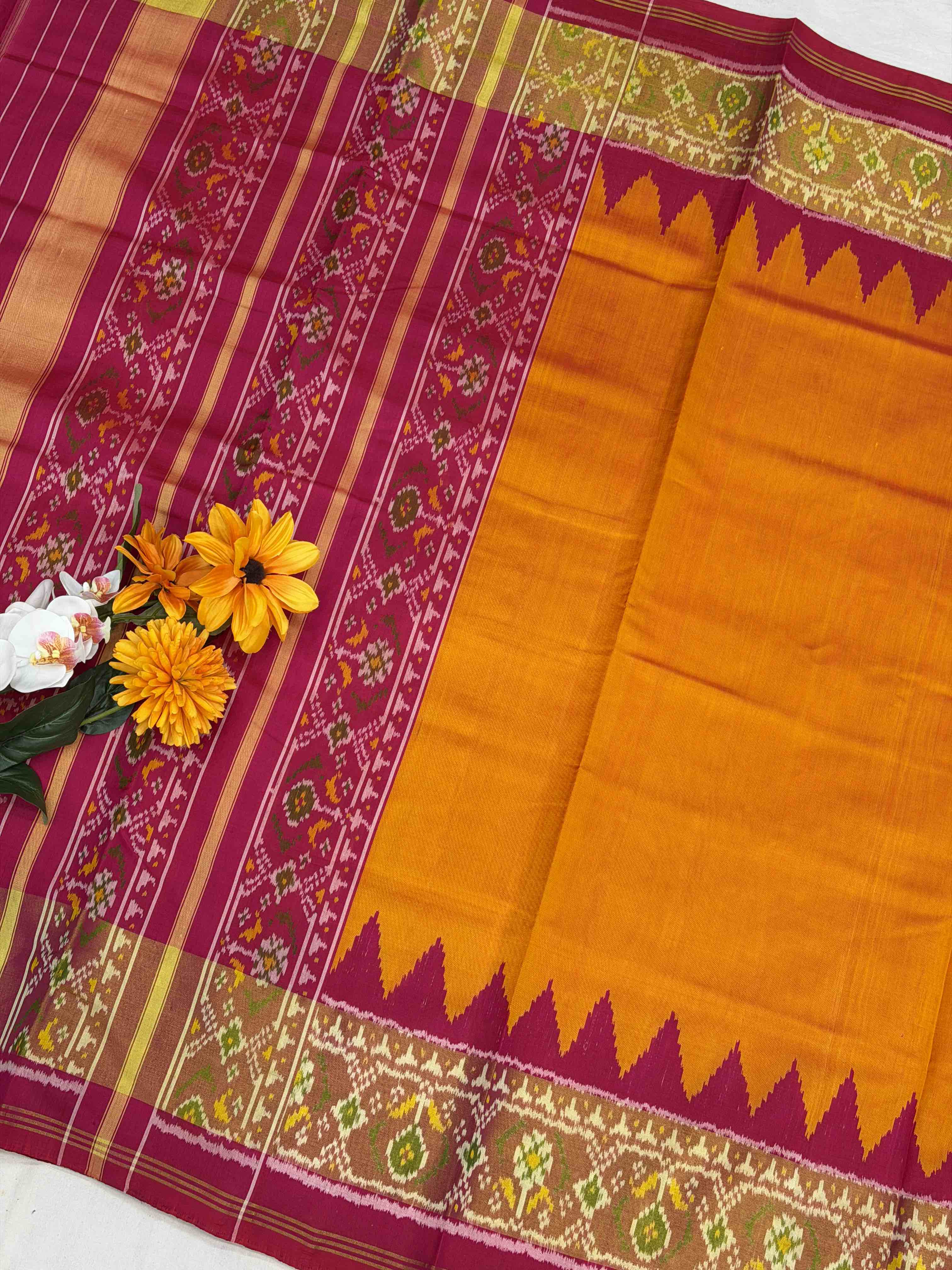 Musterd & Pink plain Rajkoti Patola Saree