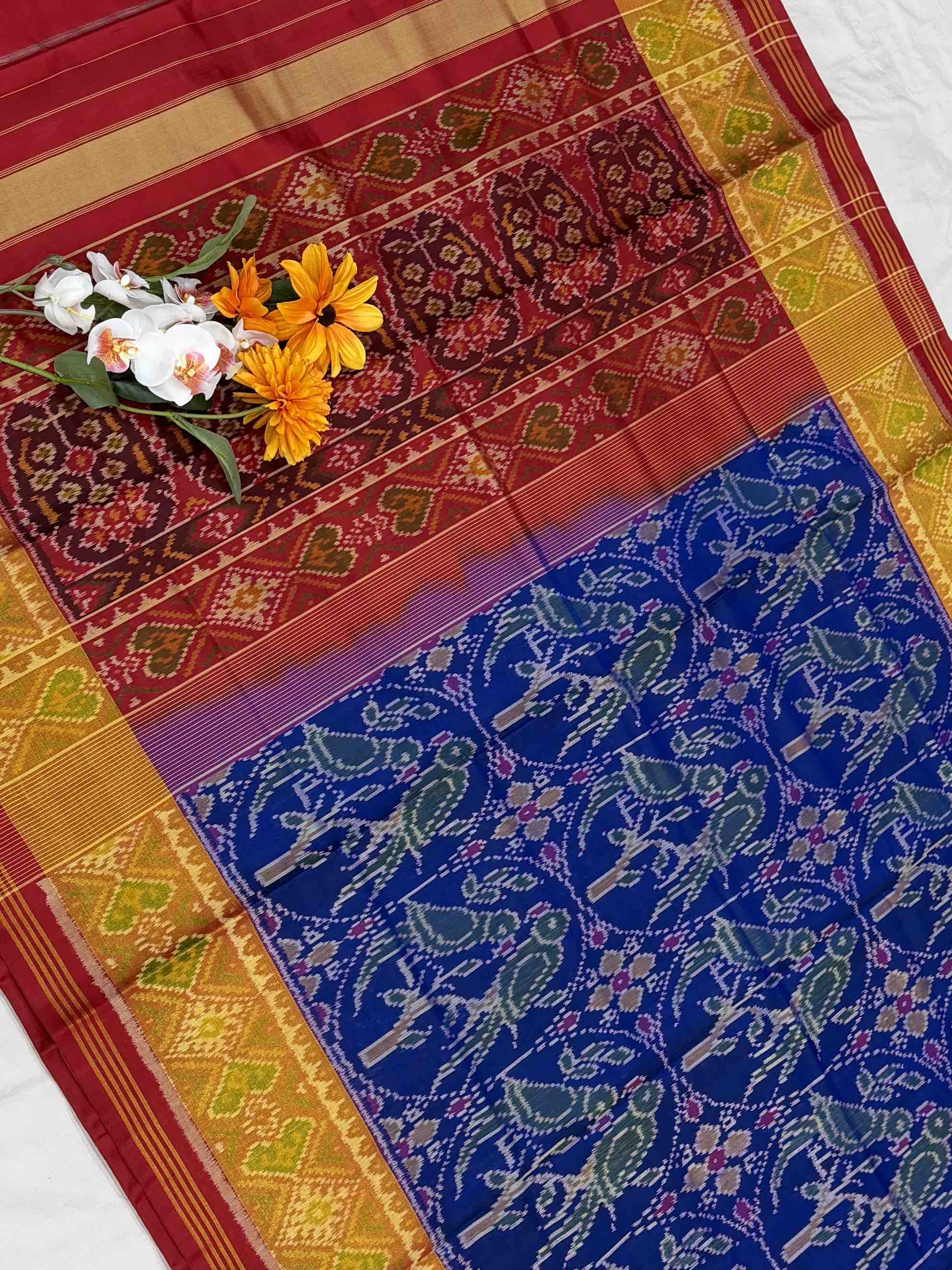 Red & Blue Parrot Design Rajkot Patola Saree