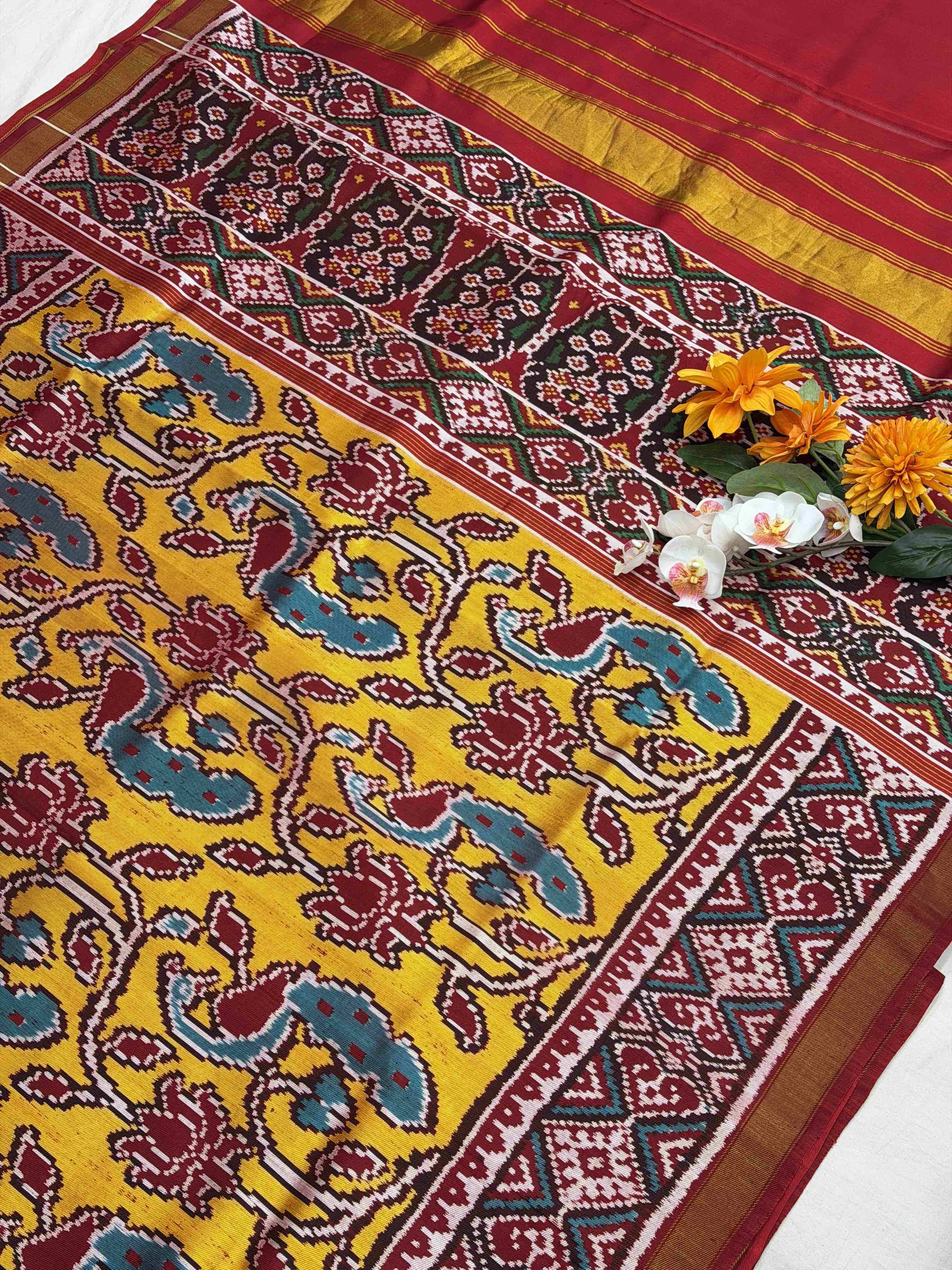 Red & Golden Yellow creeper design twill Patola Saree