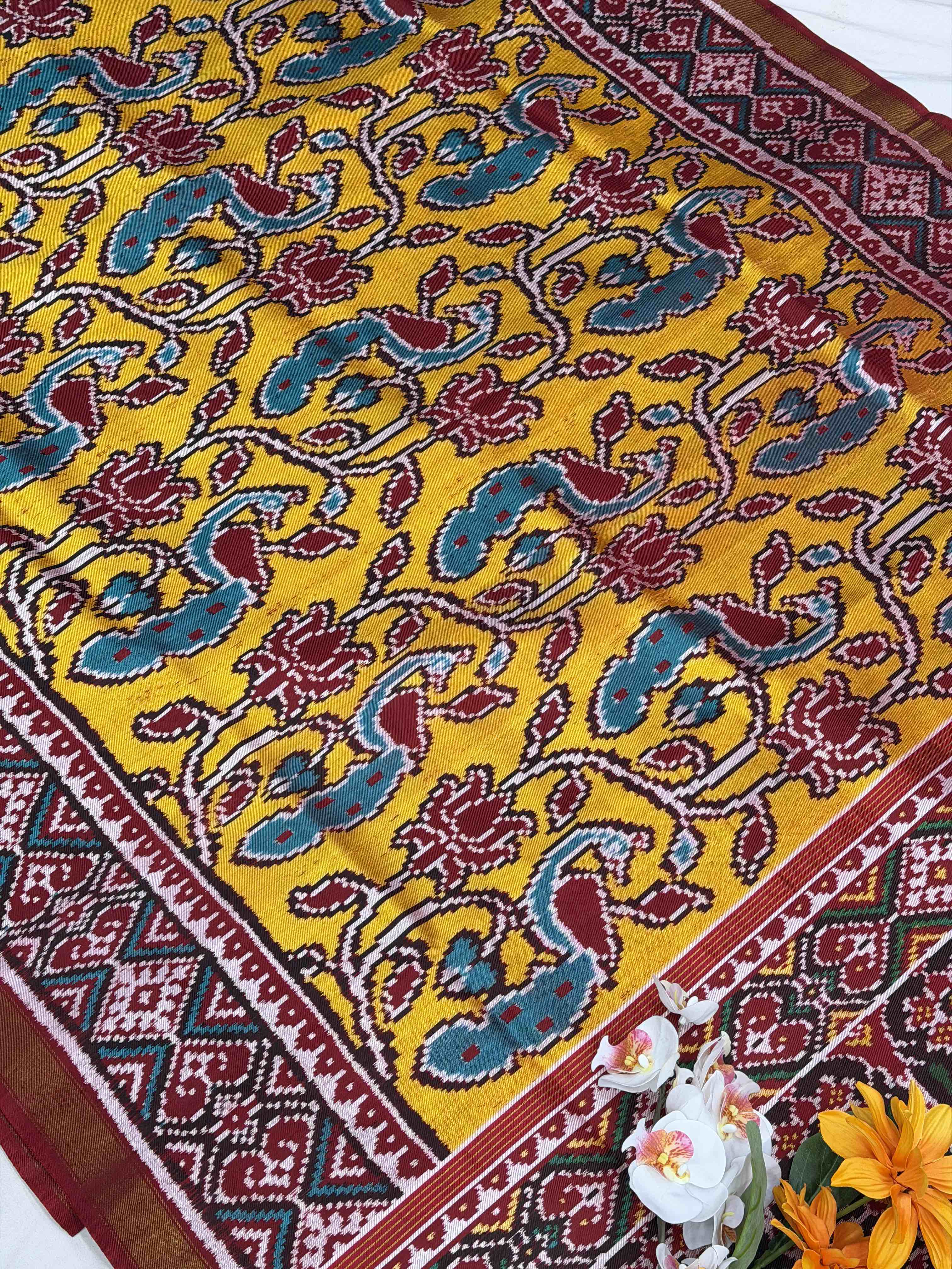 Red & Golden Yellow creeper design twill Patola Saree