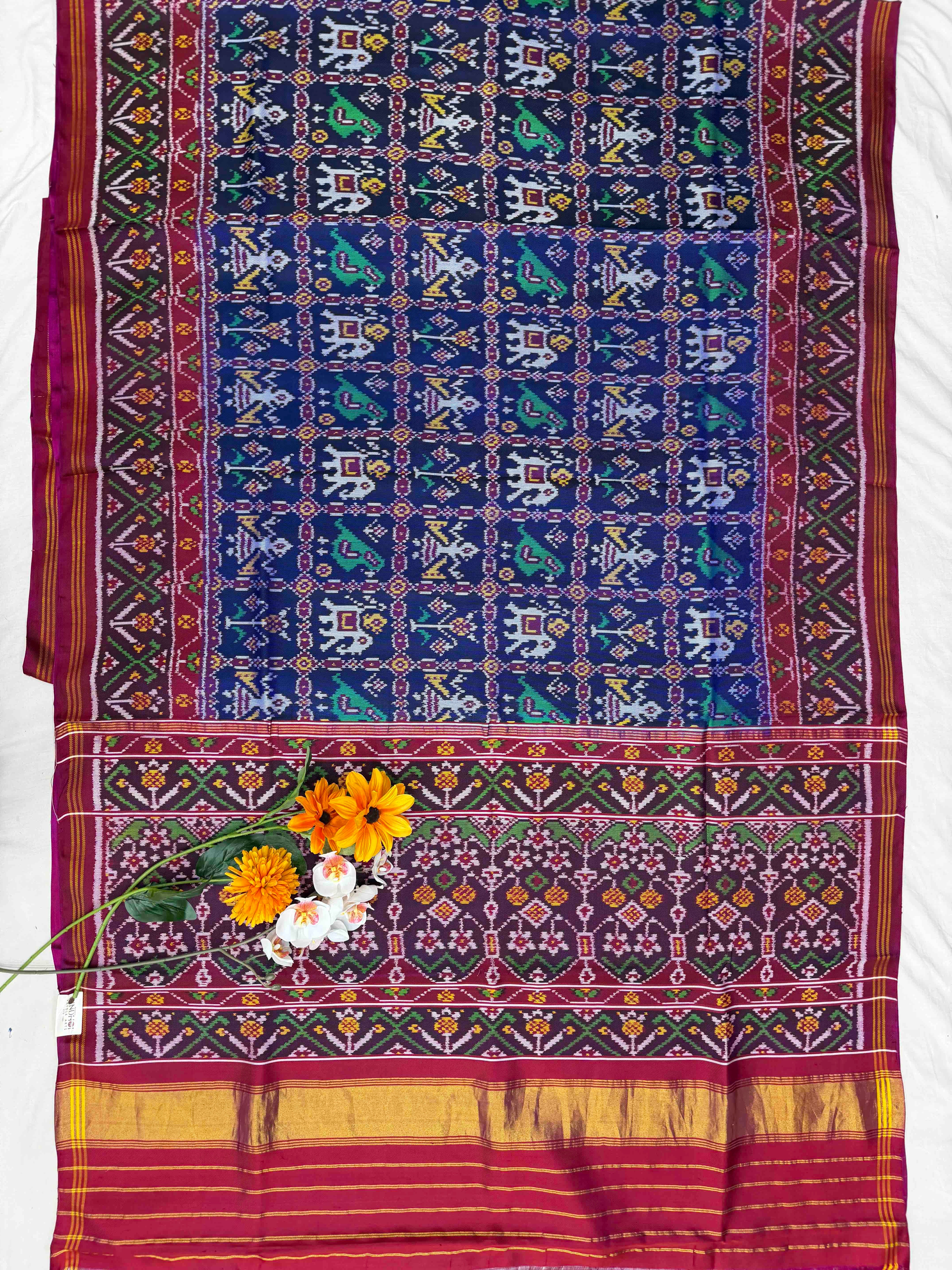 Pink & Blue narikunj sankli design twill Patola saree