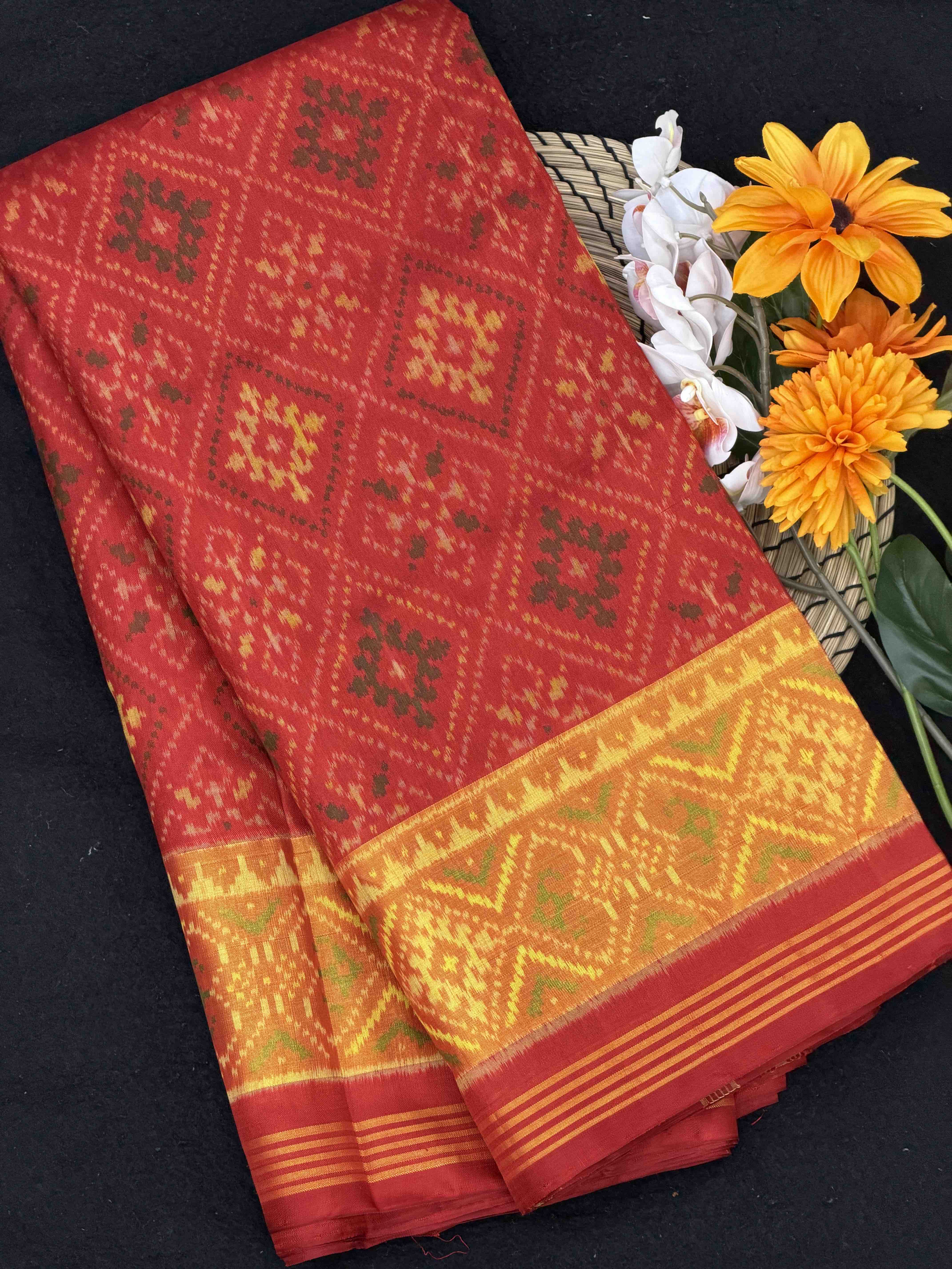 Brick Red Panchanda tissue border rajkot Patola Saree
