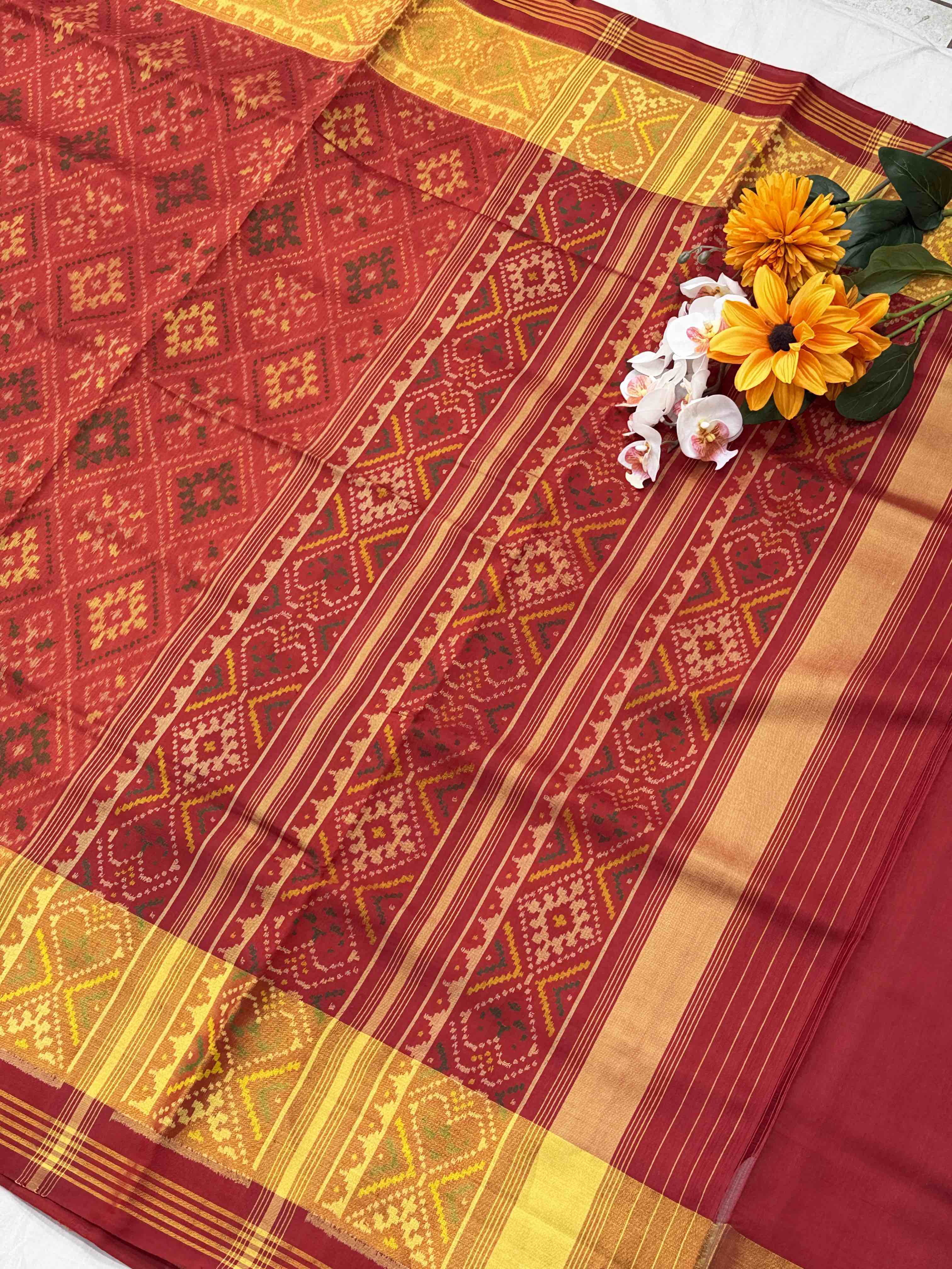 Brick Red Panchanda tissue border rajkot Patola Saree