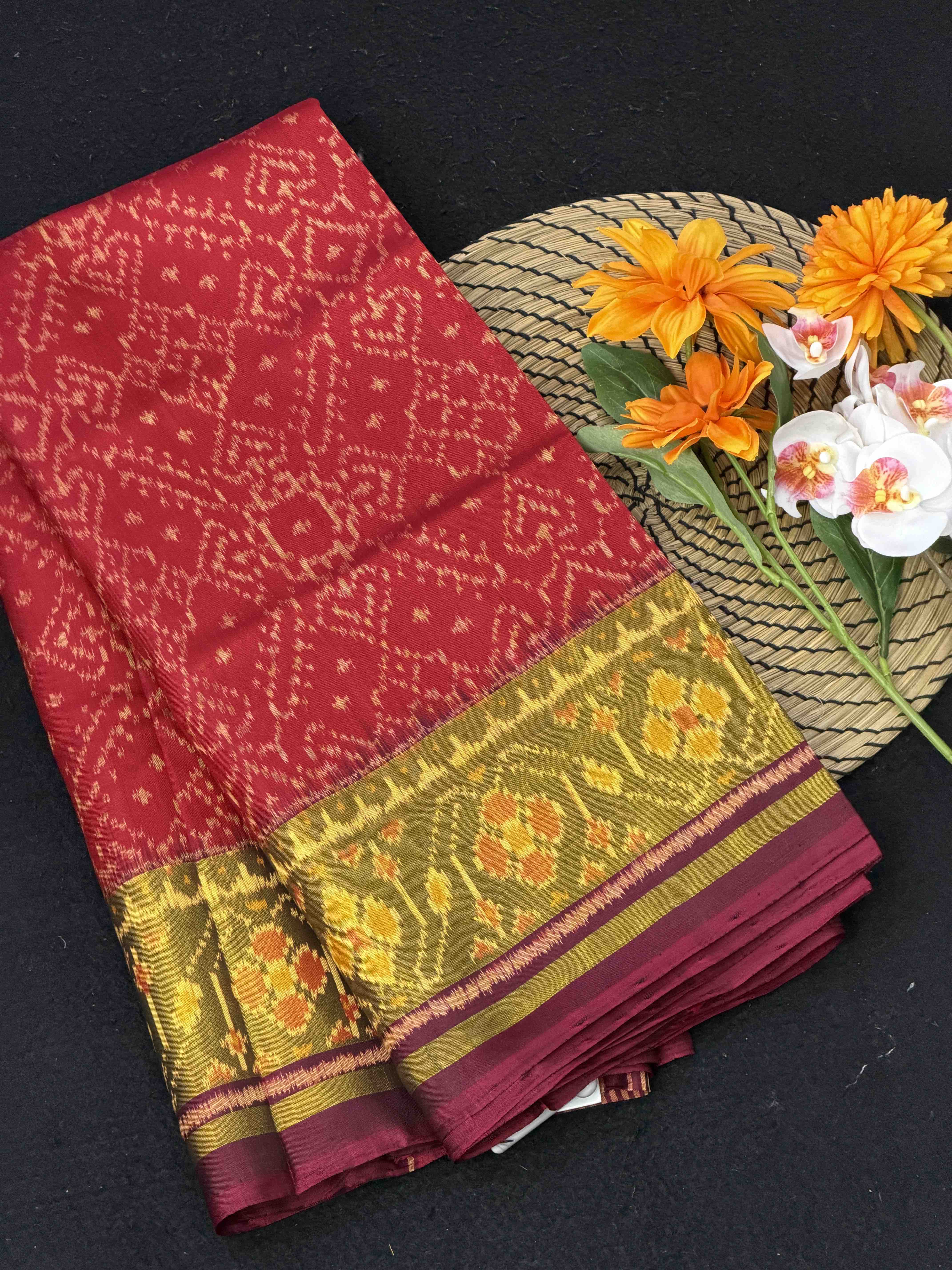 Wine & Gajari manekchawk Tissue border patola Saree