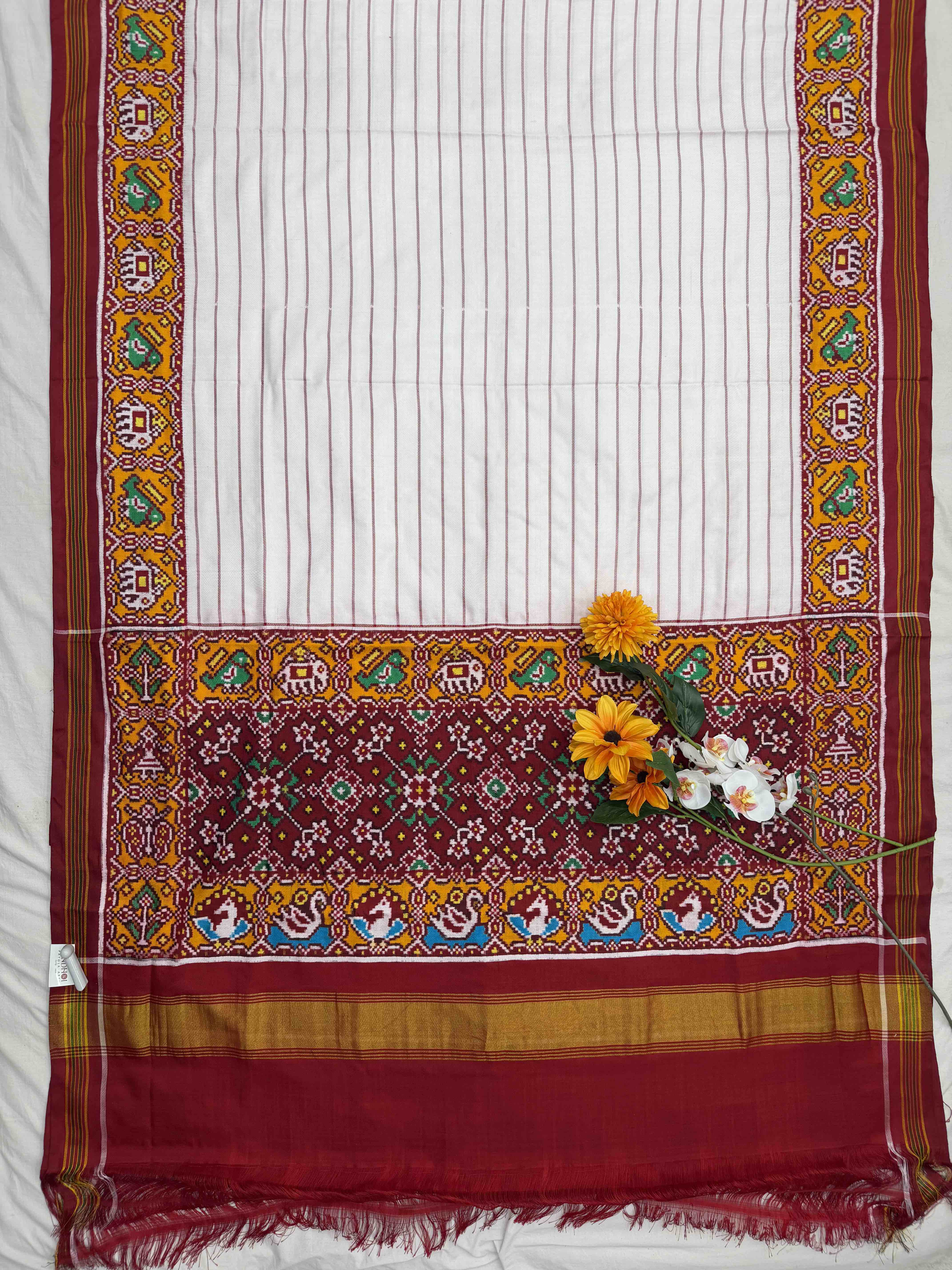 Red & white stripes design Double Ikat Patola Saree