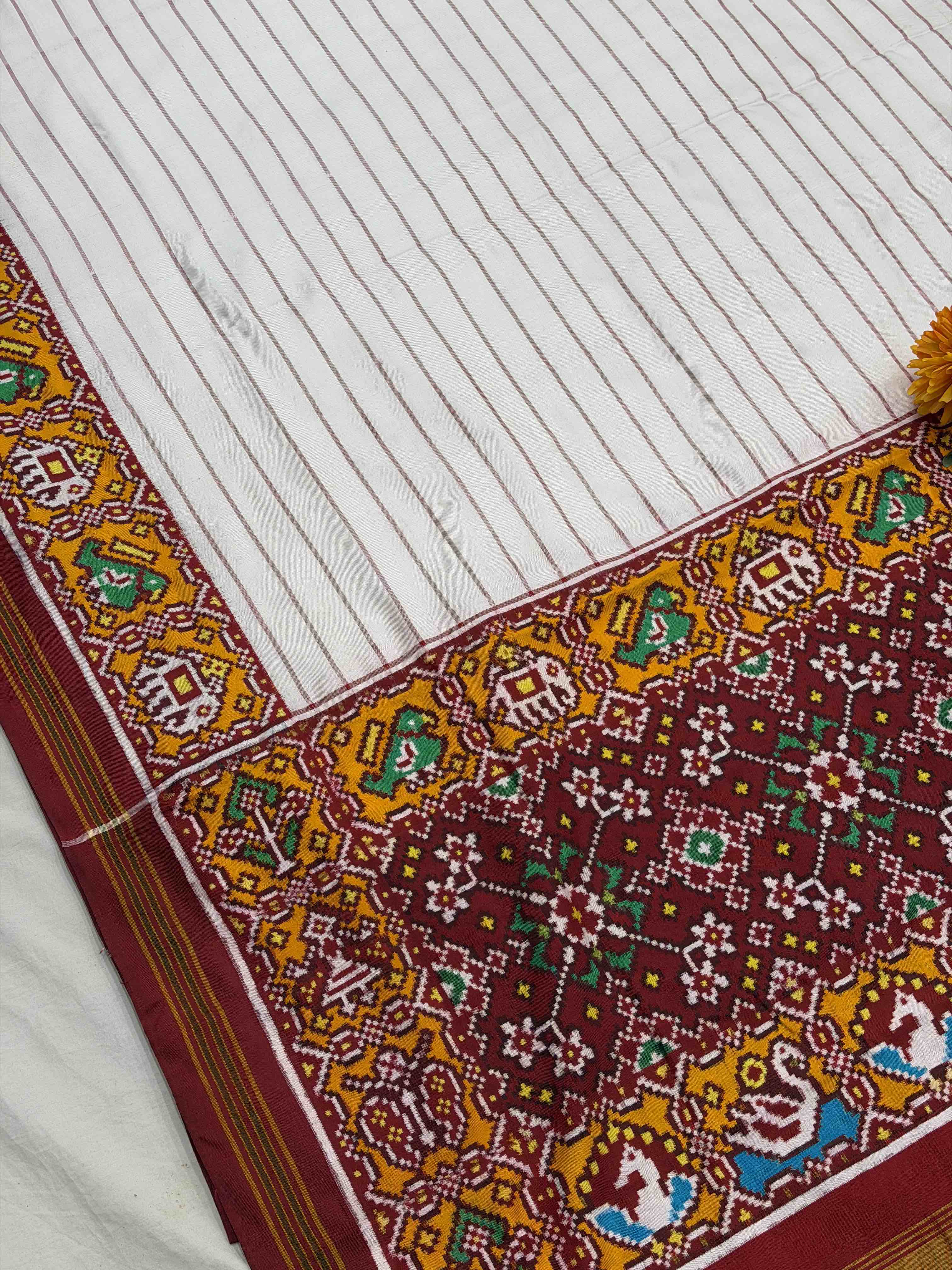 Red & white stripes design Double Ikat Patola Saree