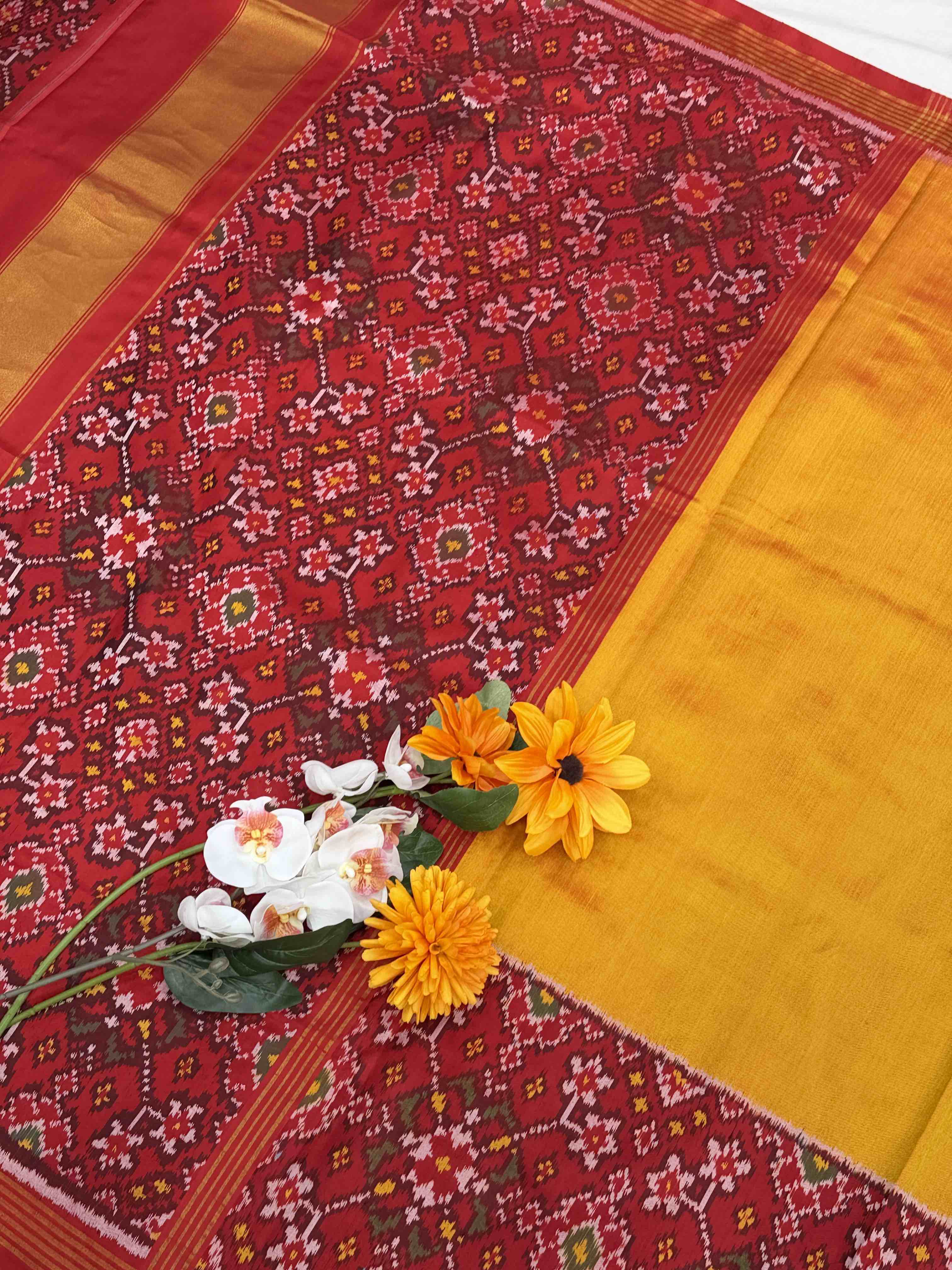 Red & musterd skirtborder navaratan Single ikat Patola
