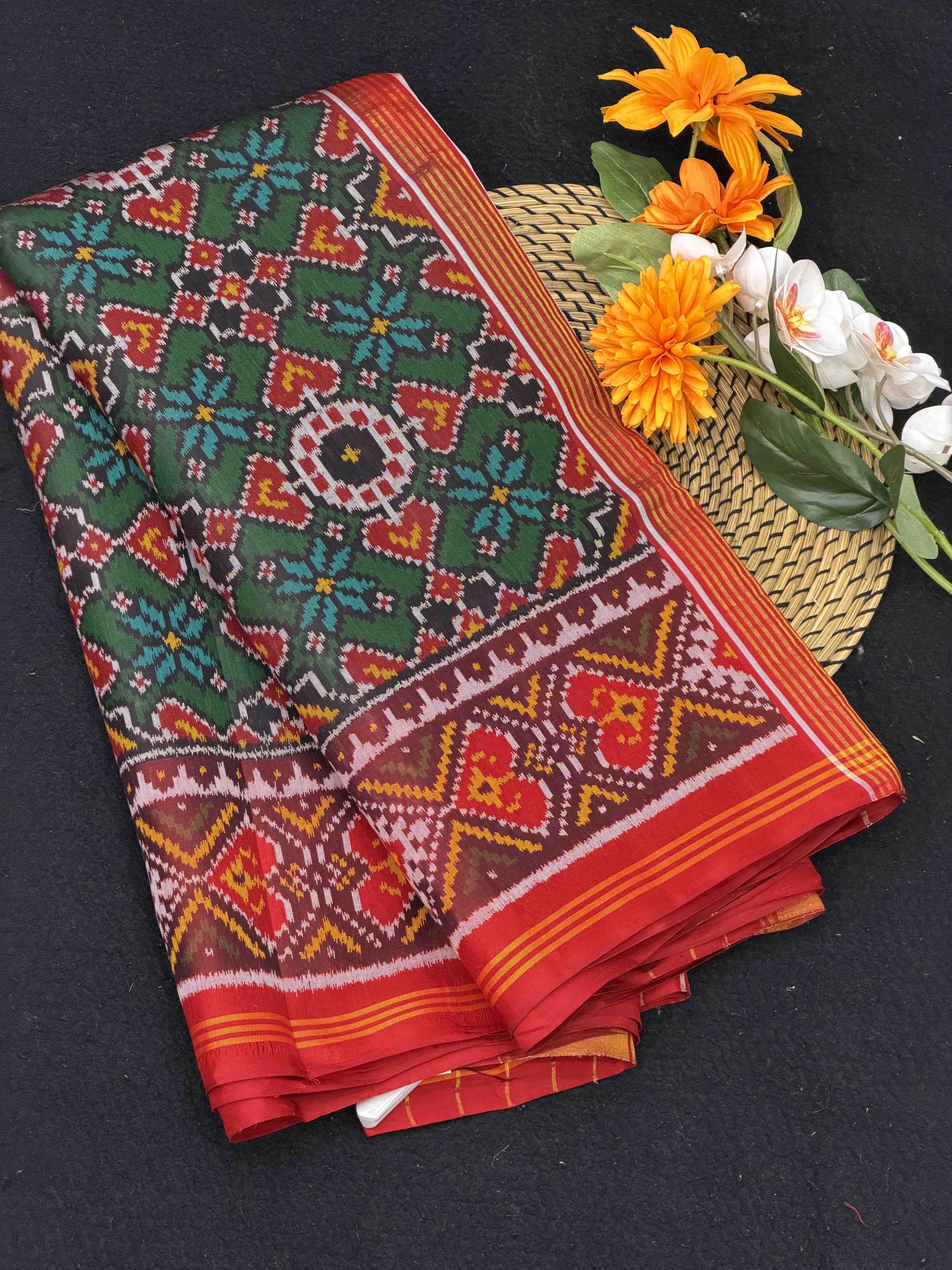 Red & Green Manekchawk tissue Patola Saree