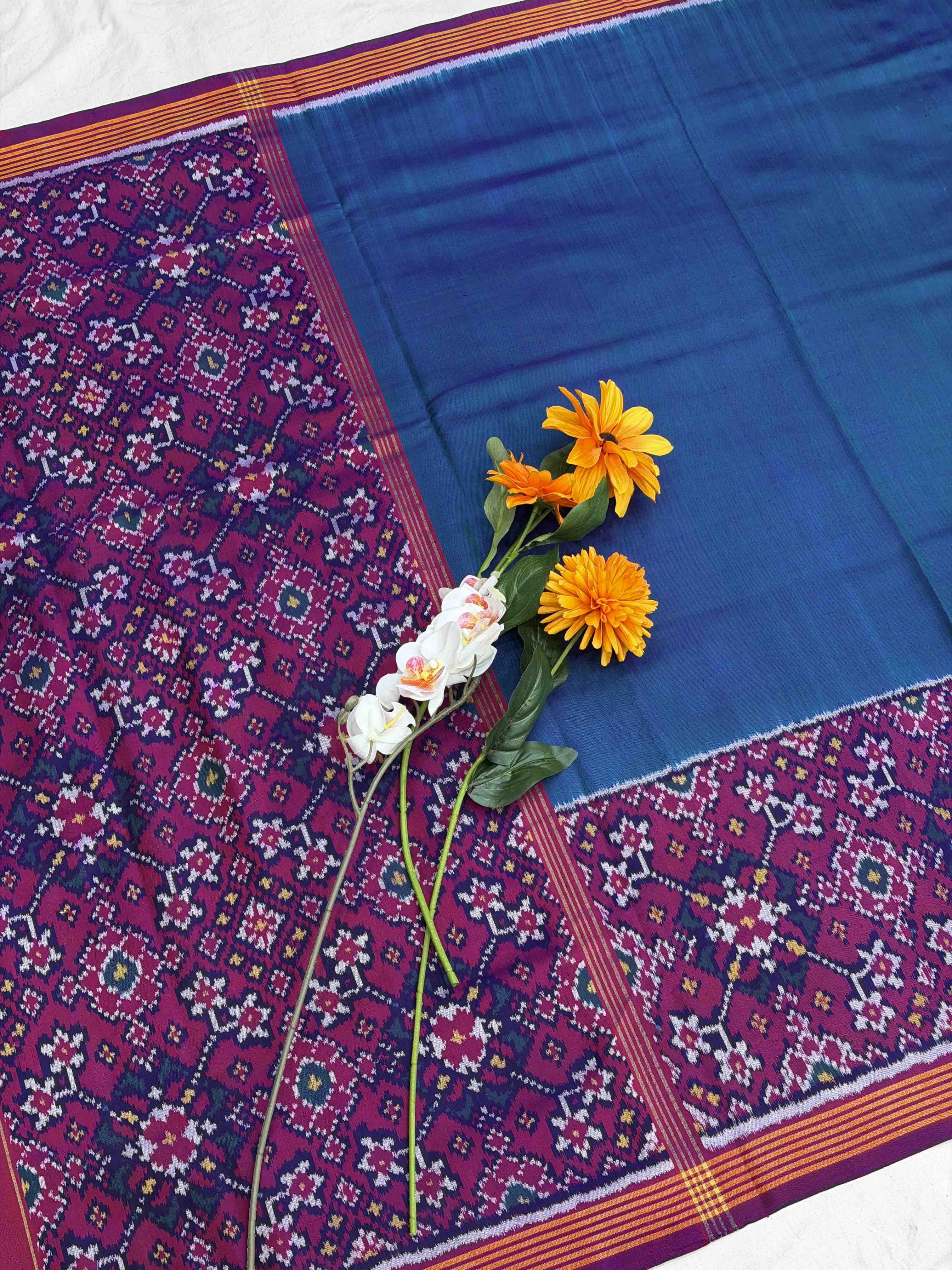 Peacock & Purple Navaratan Skirt border Single Ikat Patola Saree