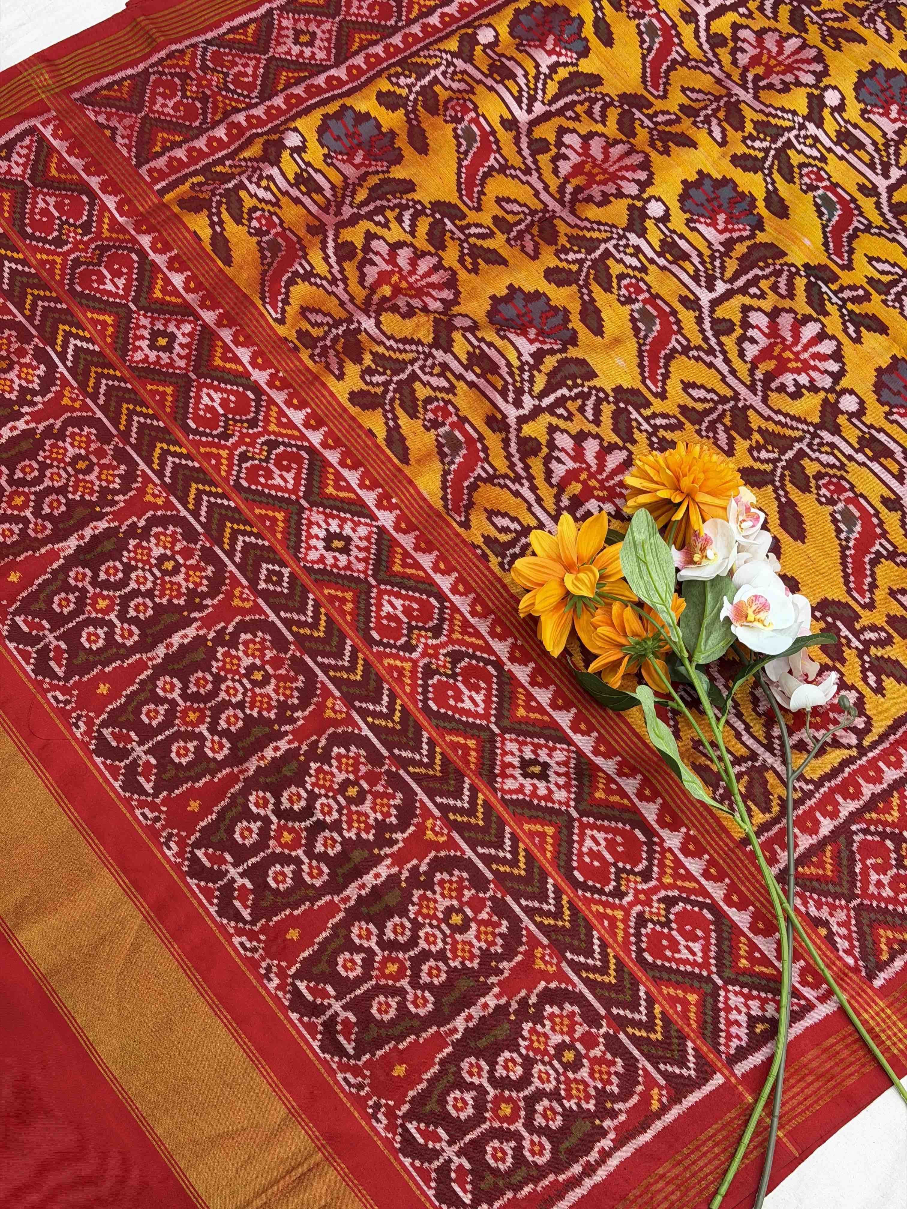 Red & musterd Creeper design with parrot figure single ikat Patola