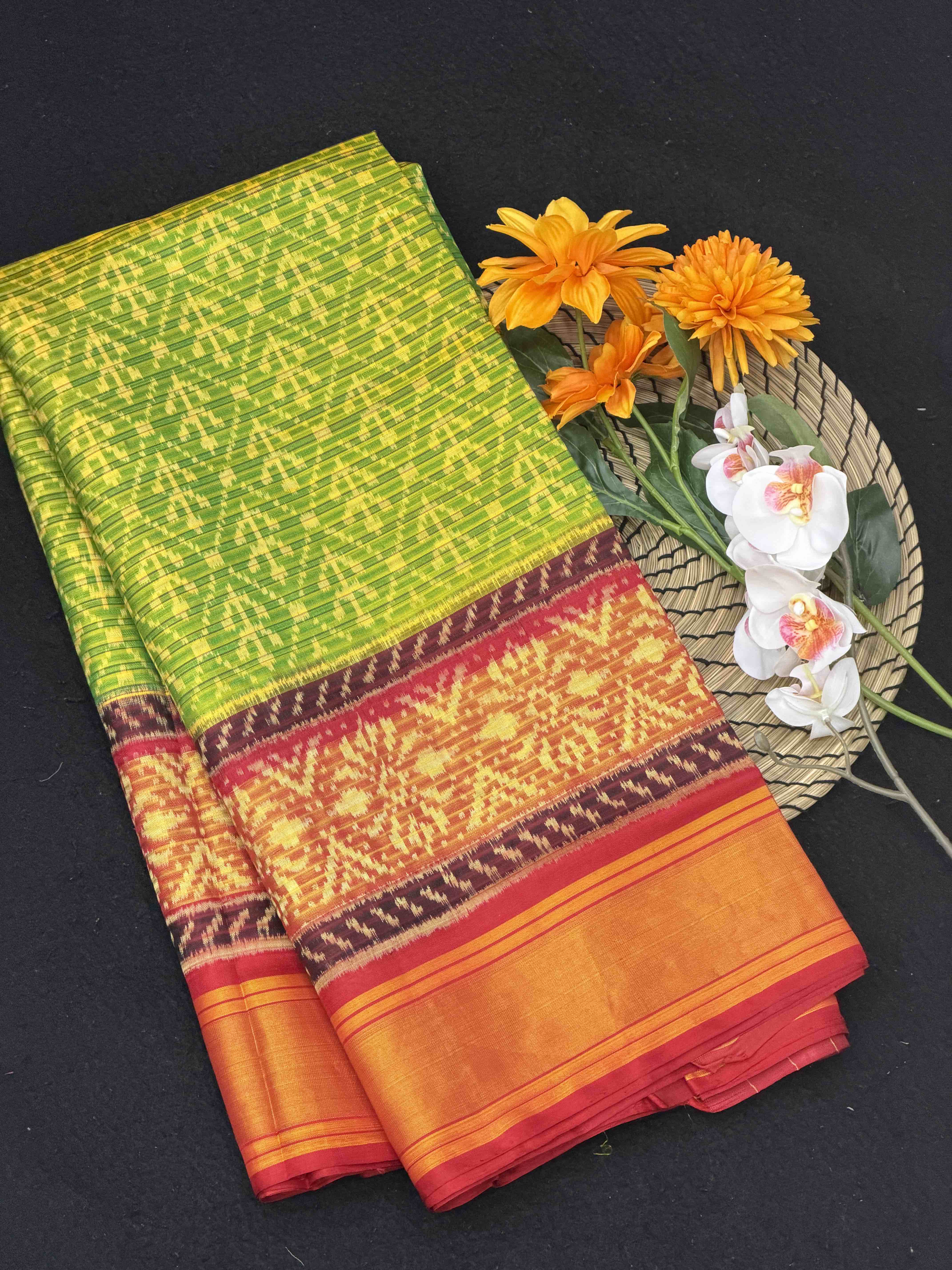Red & parrot green Doriya Weave Rajkot Patola Saree