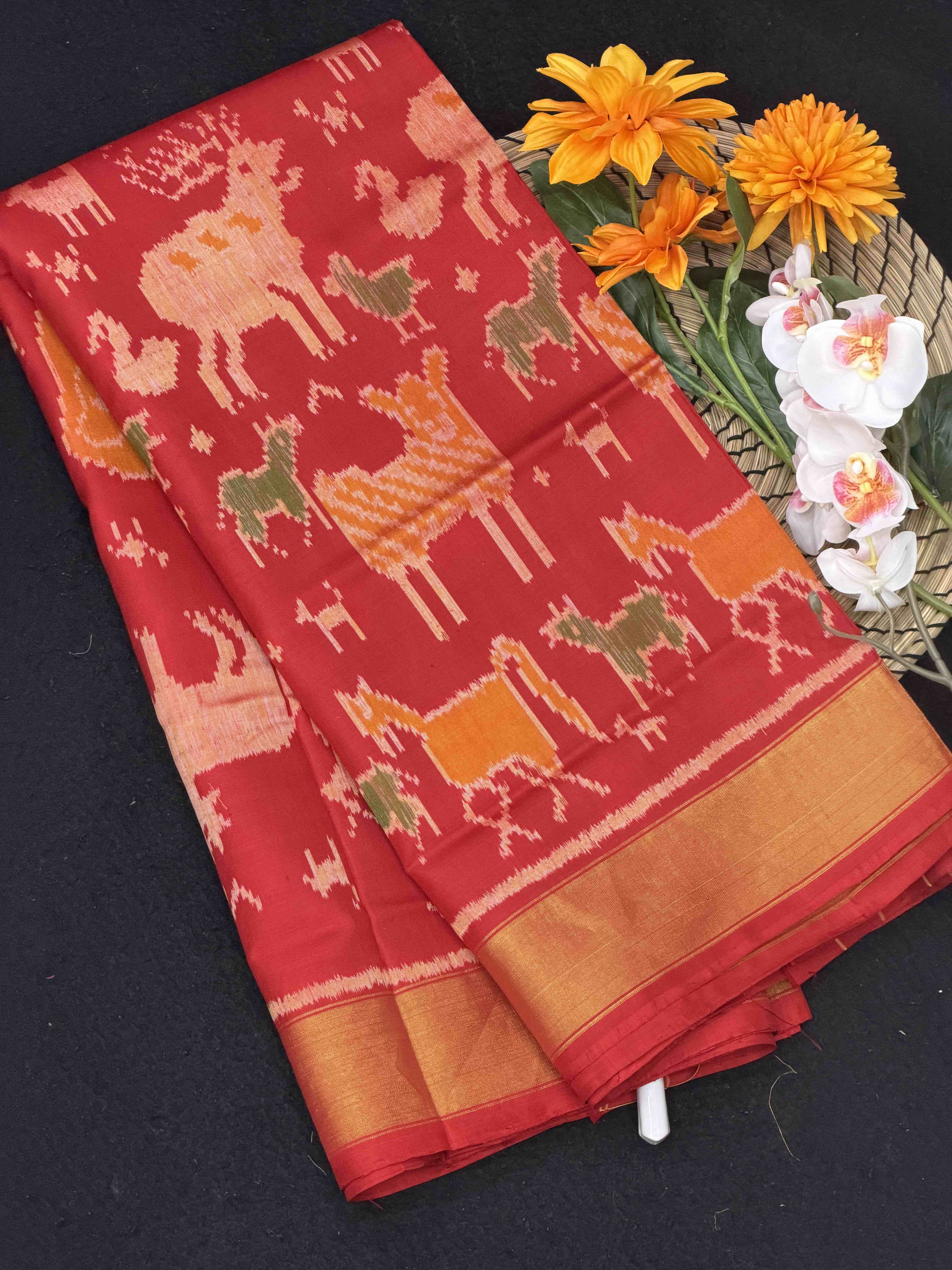 Red beautiful animal motif deisgn Rajkot Patola Saree