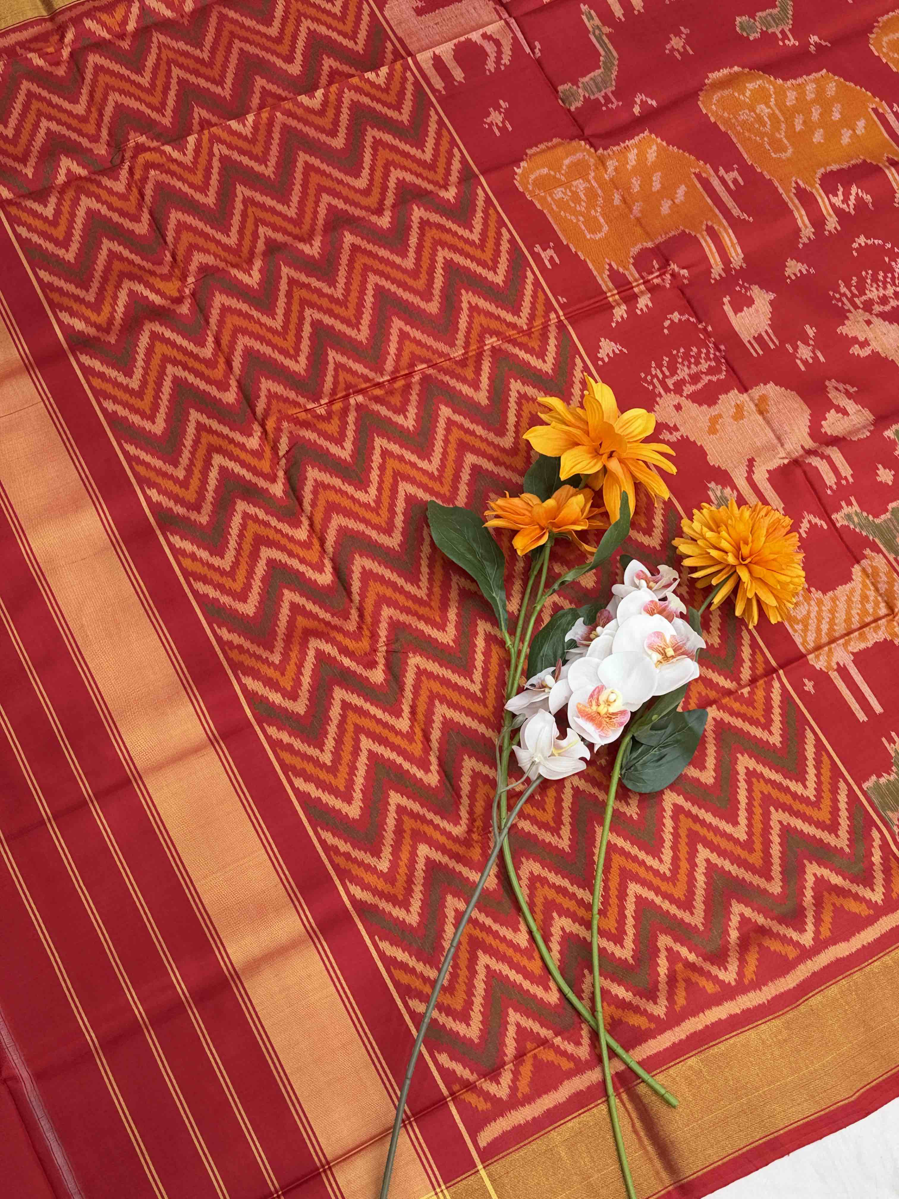 Red beautiful animal motif deisgn Rajkot Patola Saree