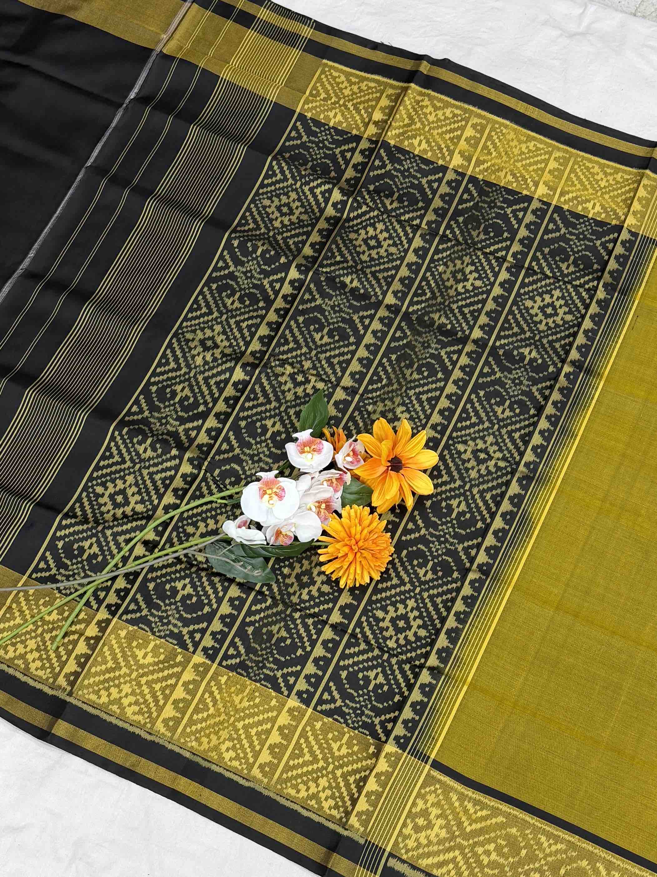 Black & Olive musterd plain Patola Saree