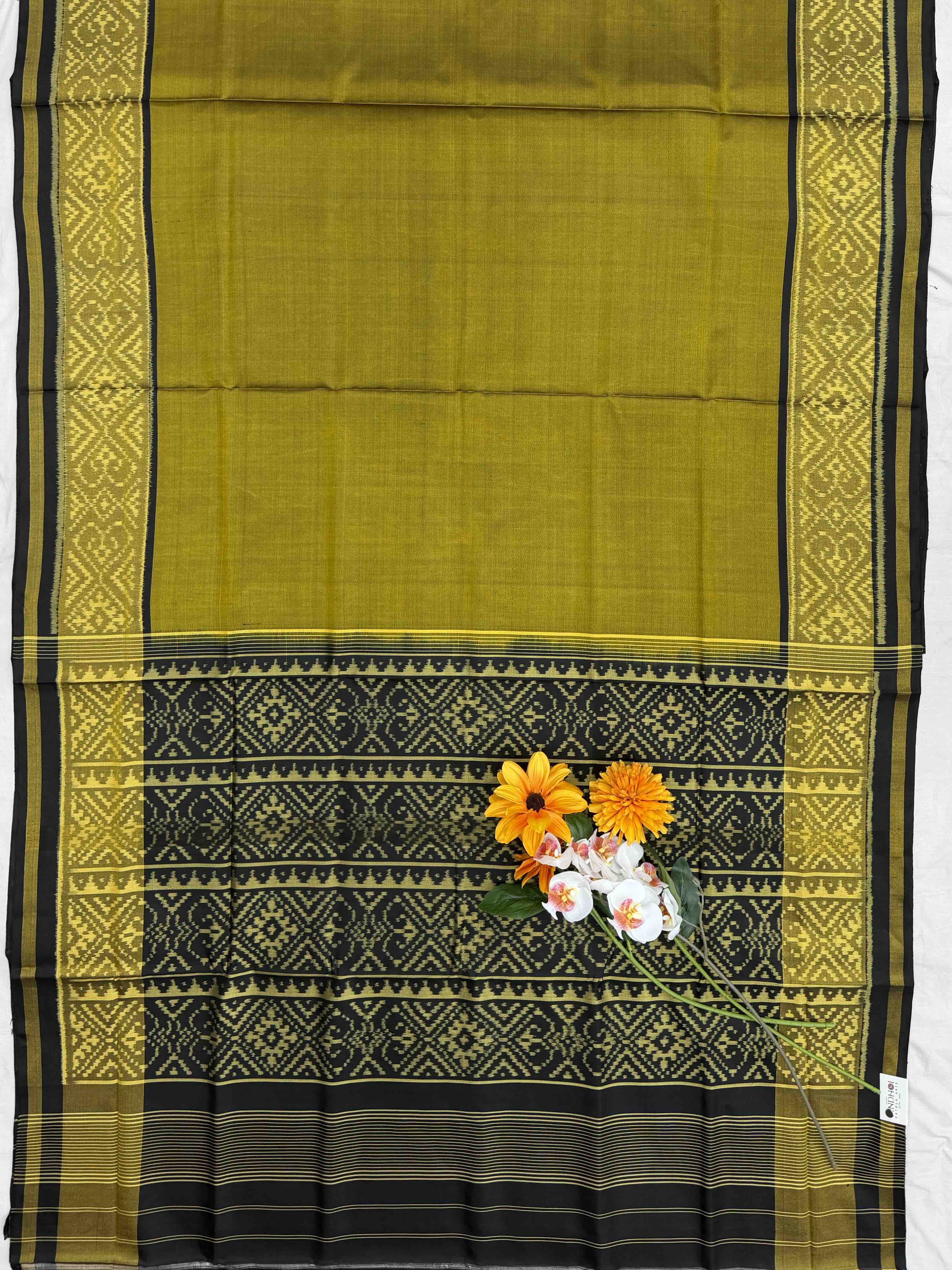 Black & Olive musterd plain Patola Saree