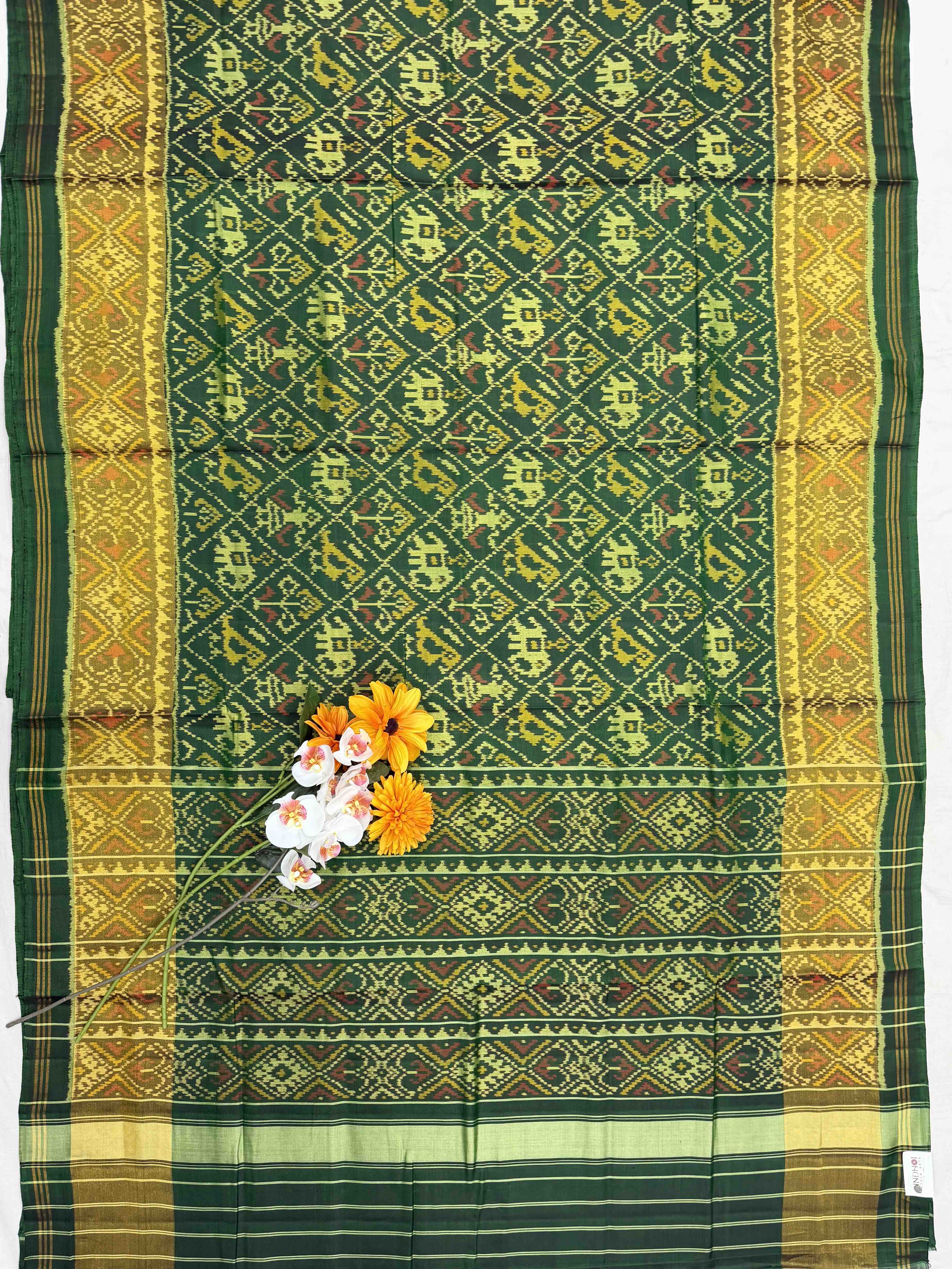Elegant Green Rajkot Patola Saree with Gold Tissue Border - Pure Silk Ikat