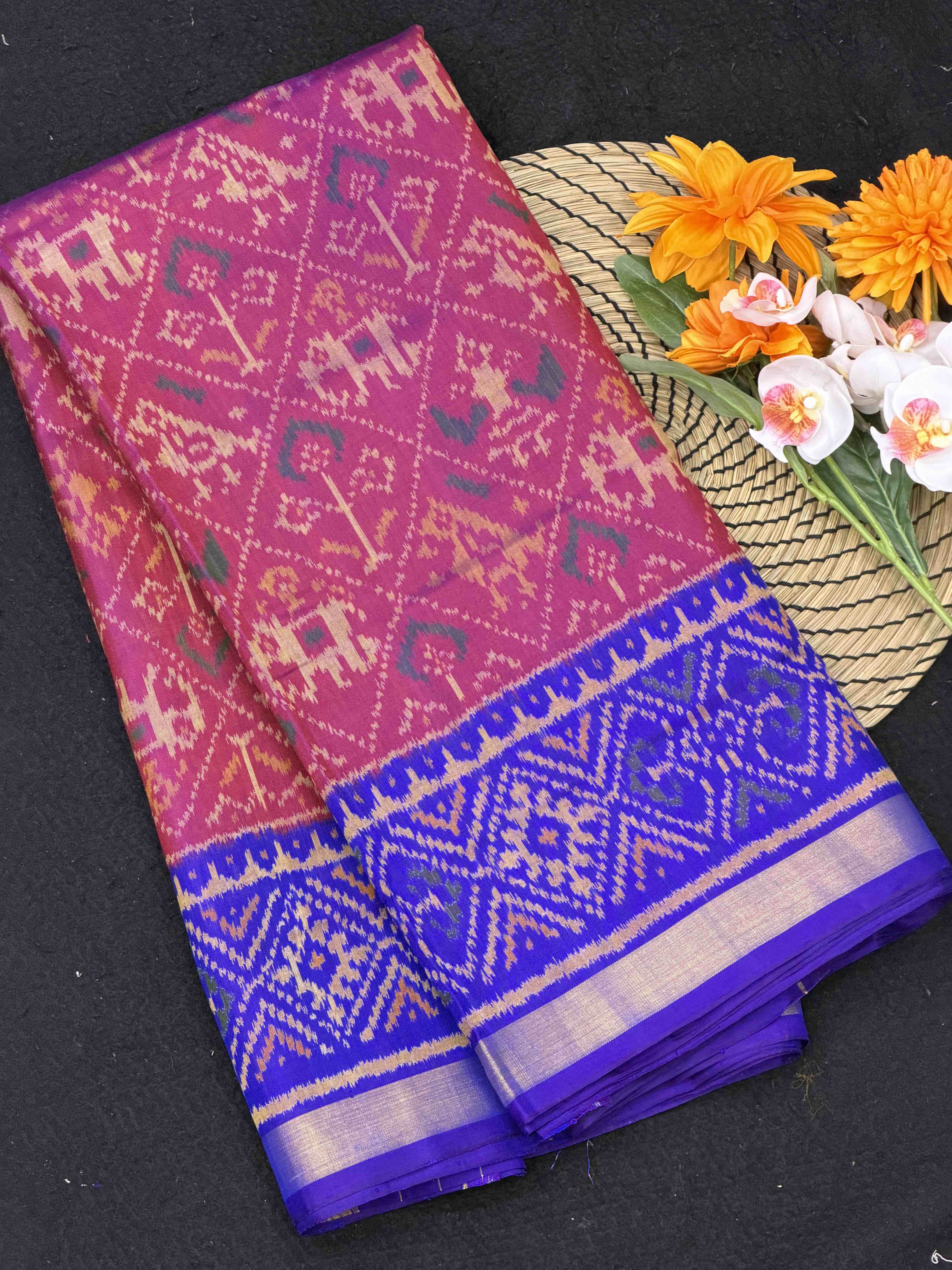 Traditional Wine & Blue Rajkot Patola Saree - Handloom Silk Ethnic Wear