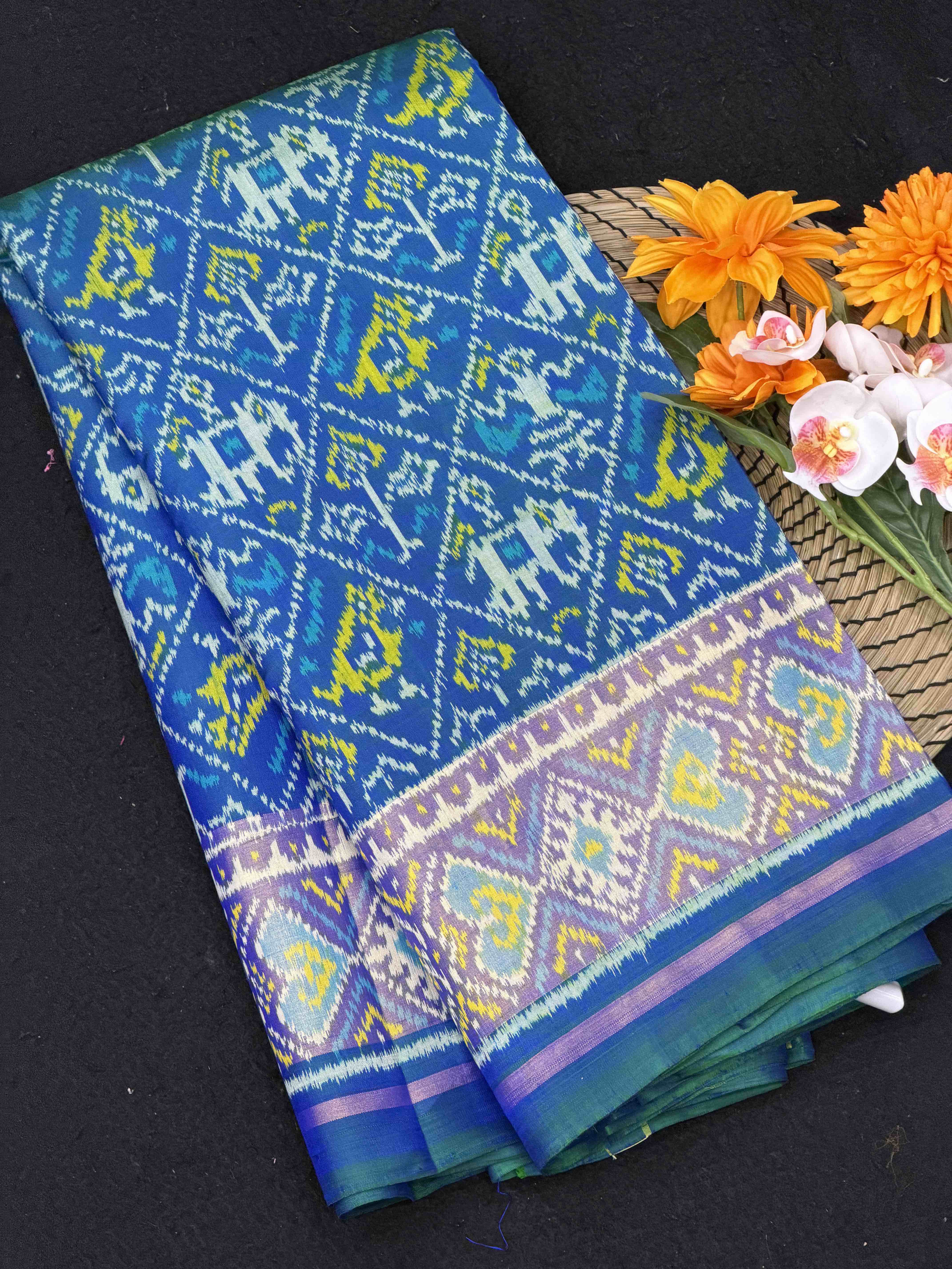 Pure Silk Peacock Blue Rajkot Patola Saree with Intricate Heart Ikat Pallu