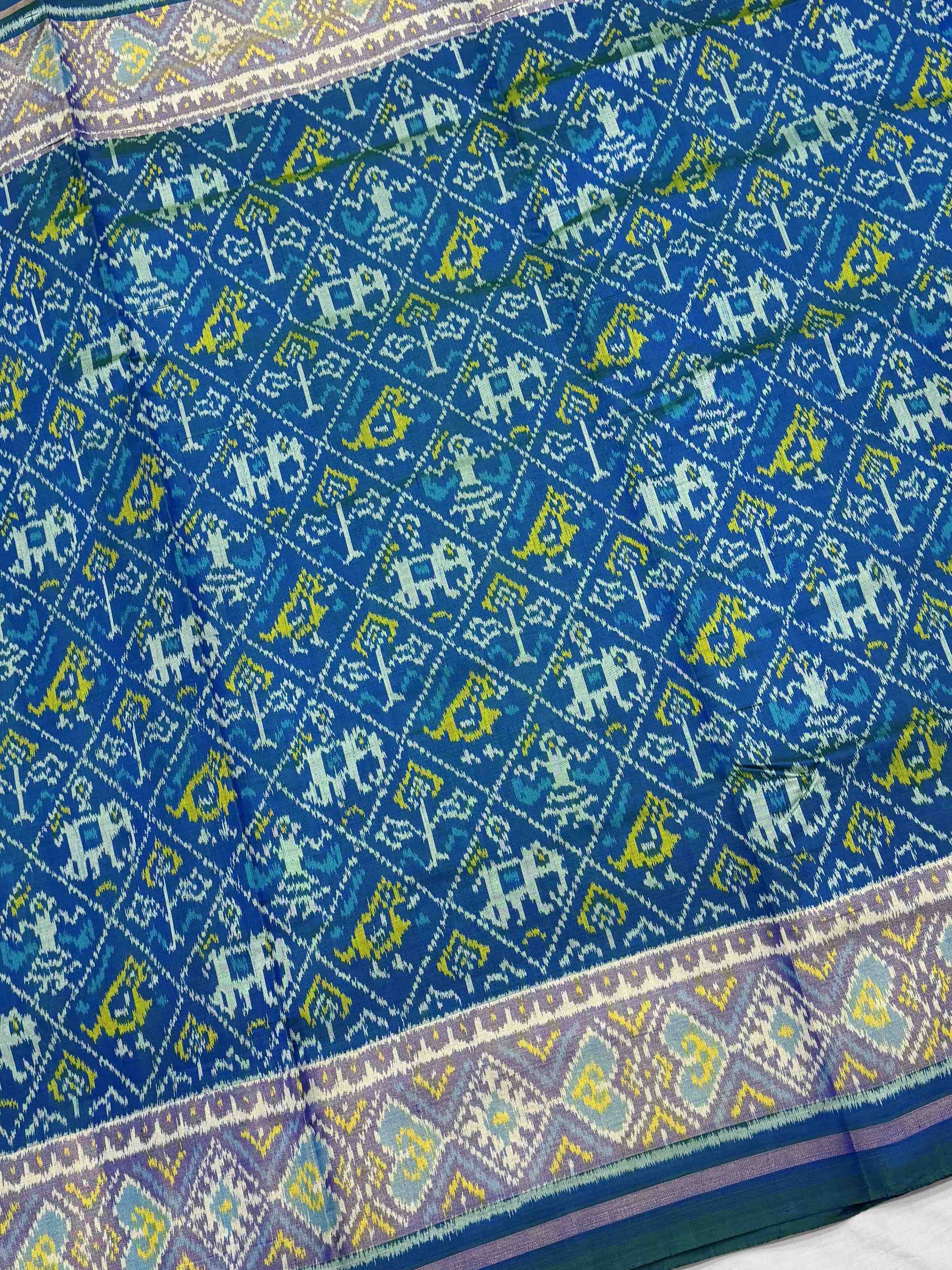 Pure Silk Peacock Blue Rajkot Patola Saree with Intricate Heart Ikat Pallu